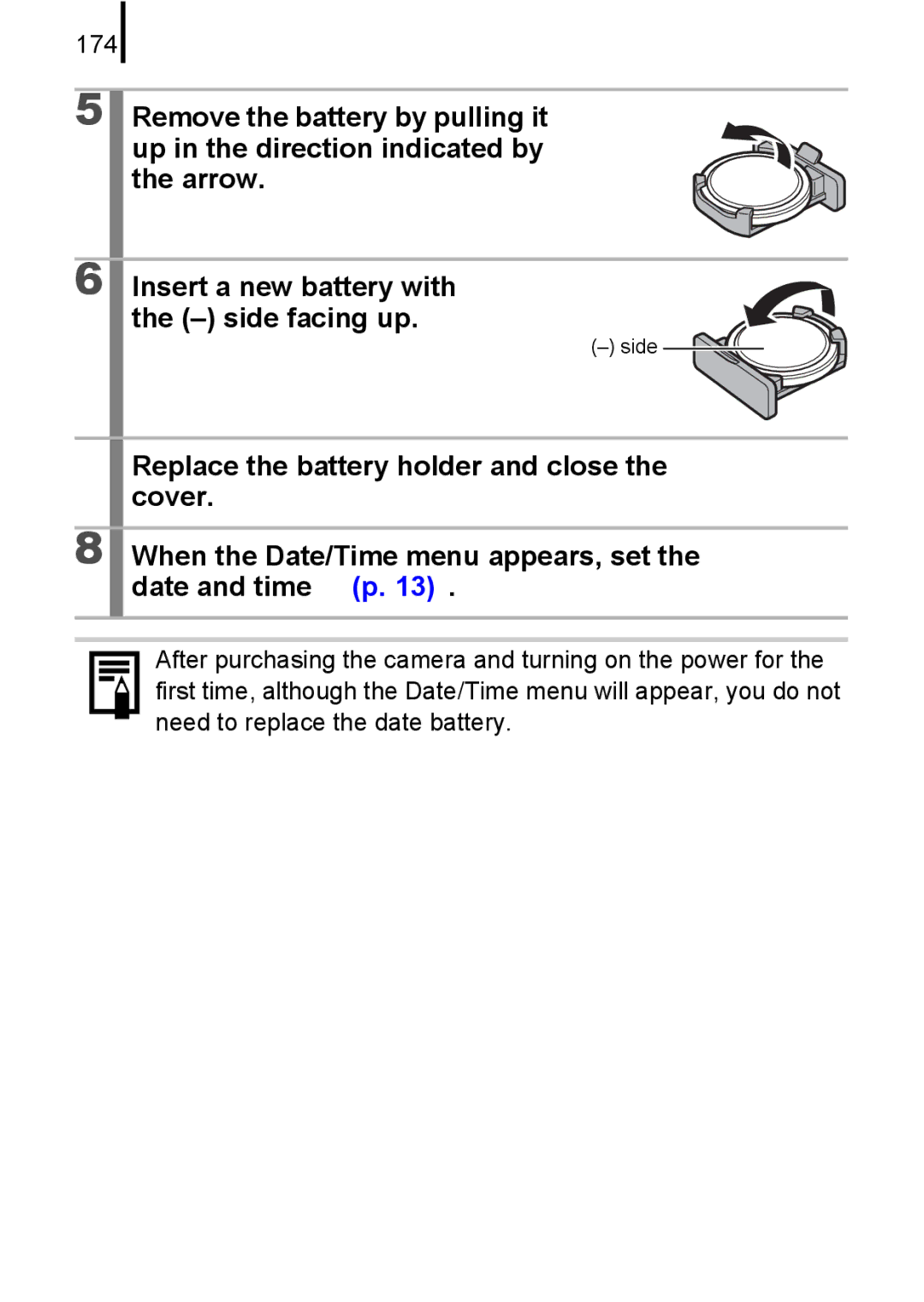 Canon A580 manual Replace the battery holder and close, Cover, When the Date/Time menu appears, set, Date and time p, 174 