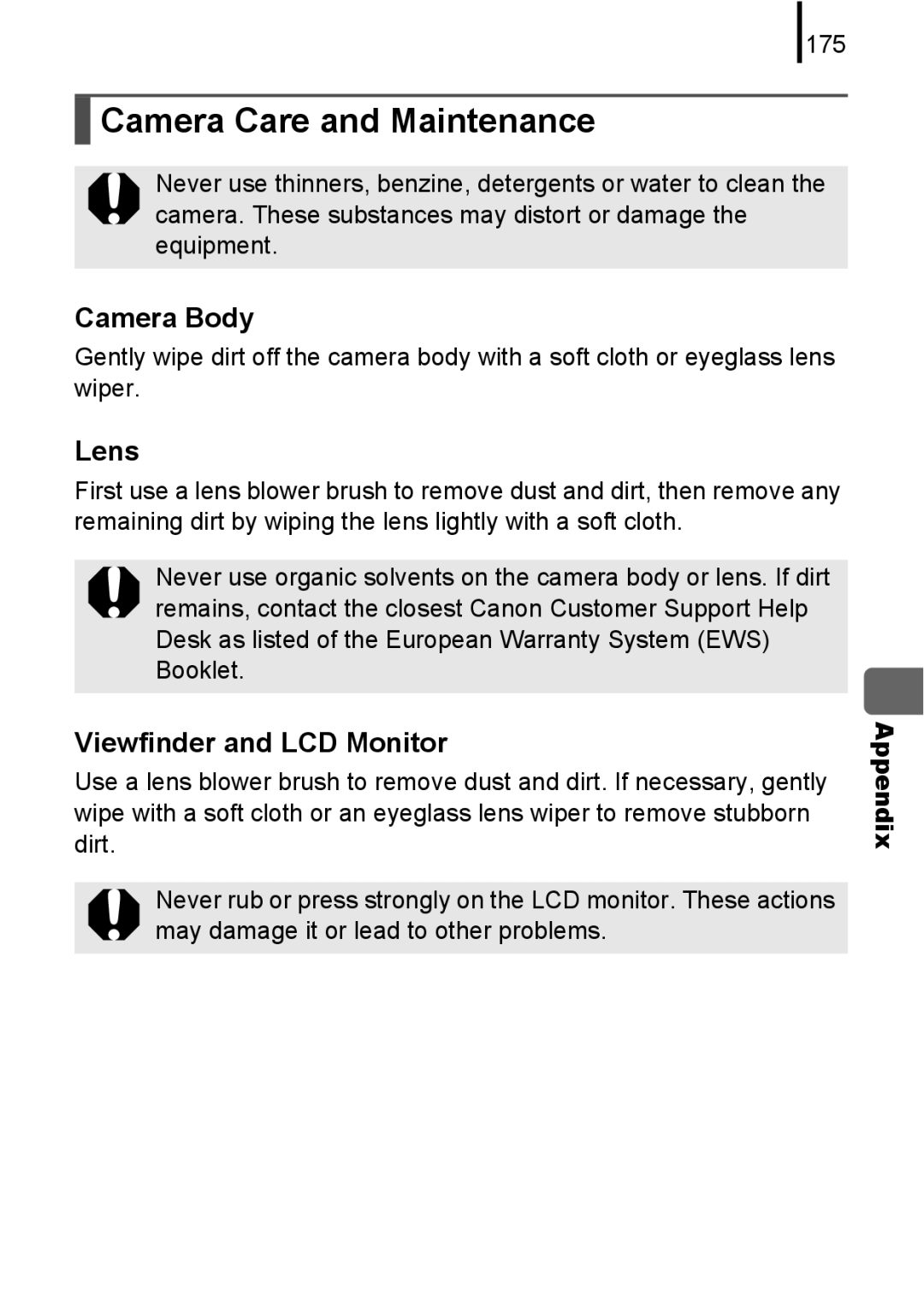 Canon A580 manual Camera Care and Maintenance, Camera Body, Lens, Viewfinder and LCD Monitor, 175 