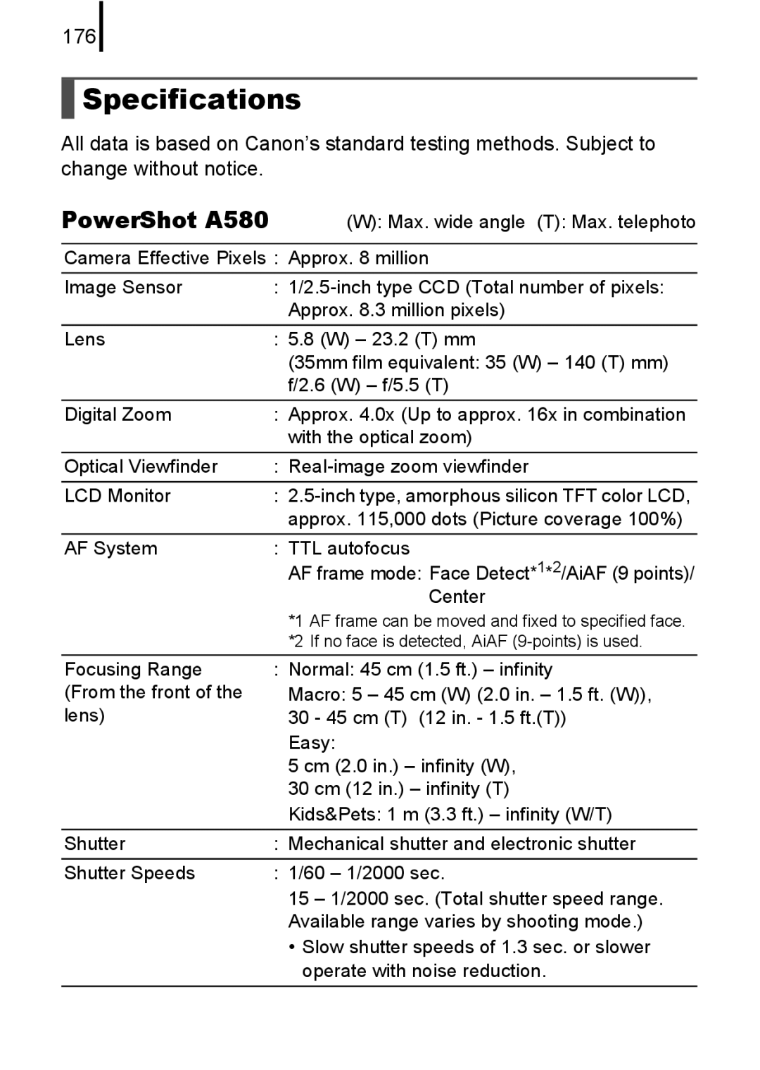 Canon A580 manual Specifications, 176 