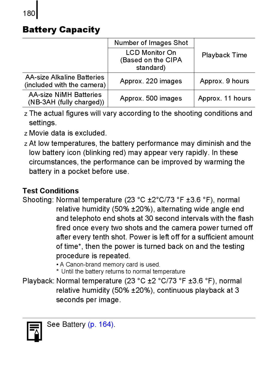 Canon A580 manual Battery Capacity, 180, Test Conditions 