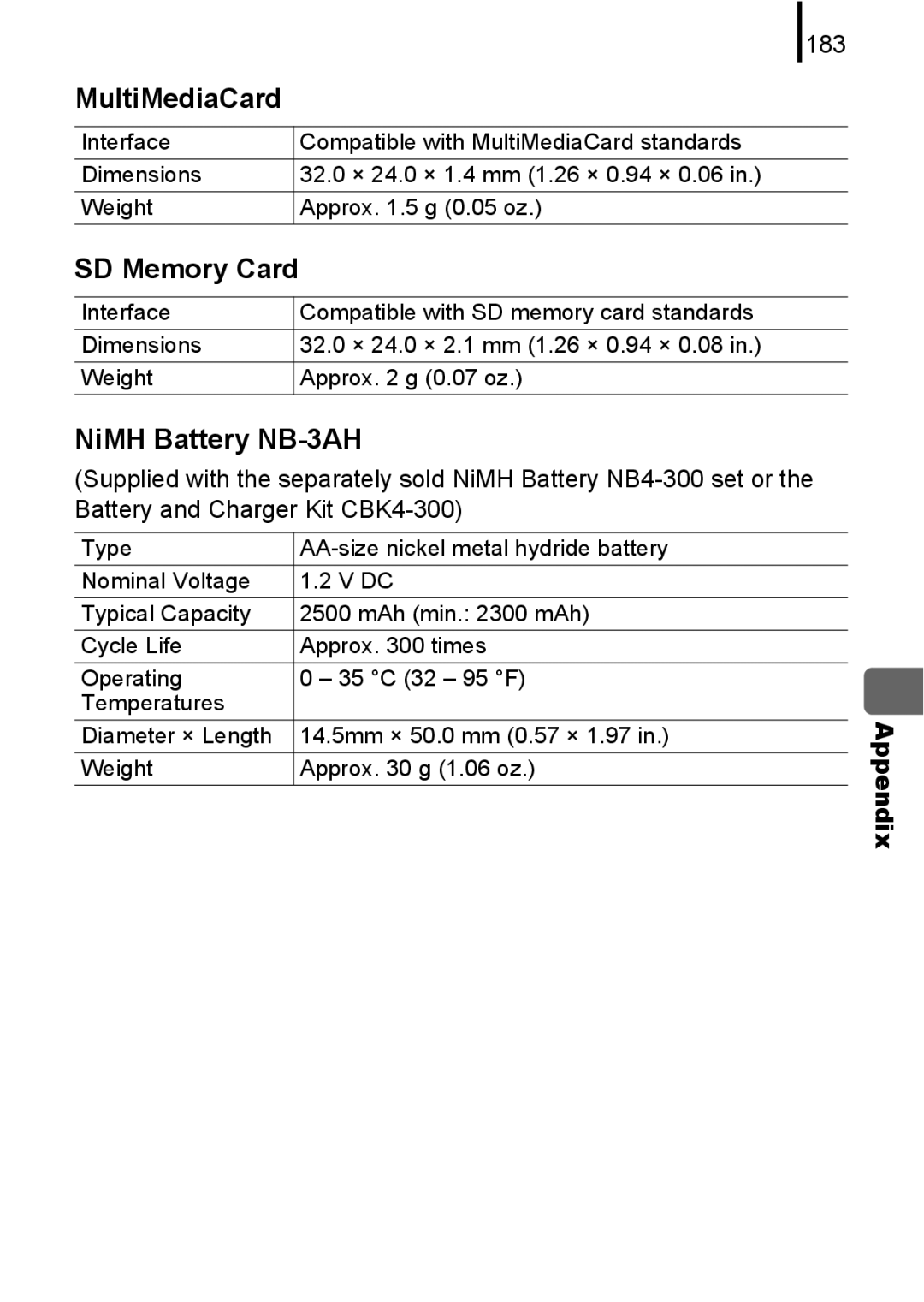 Canon A580 manual MultiMediaCard, SD Memory Card, NiMH Battery NB-3AH, 183 