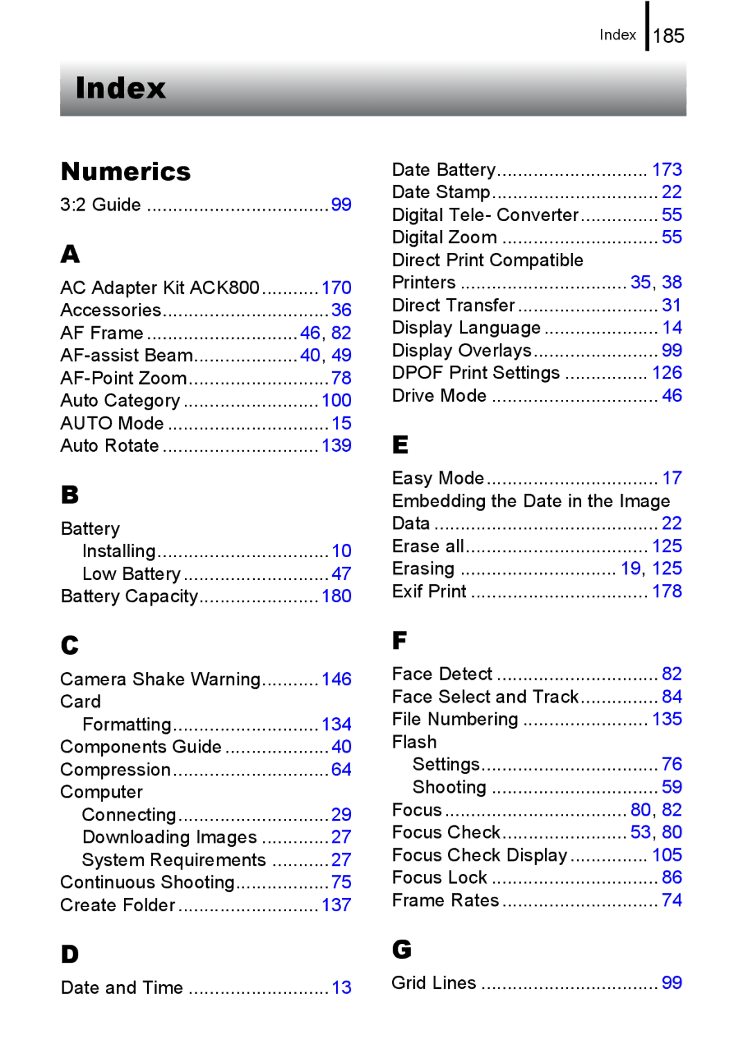 Canon A580 manual Index, Numerics 