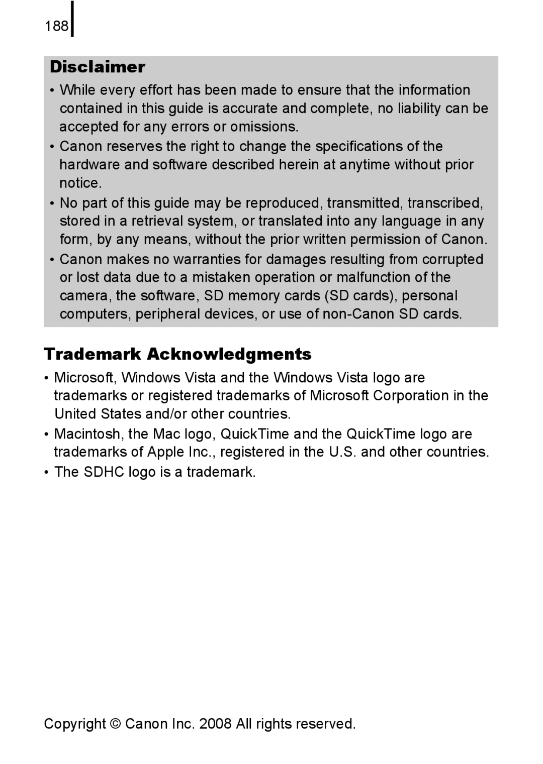 Canon A580 manual Disclaimer, Trademark Acknowledgments, 188 