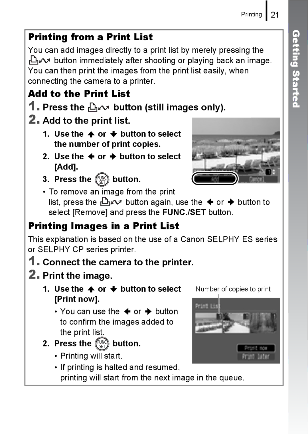 Canon A580 Printing from a Print List, Printing Images in a Print List, Connect the camera to the printer Print the image 