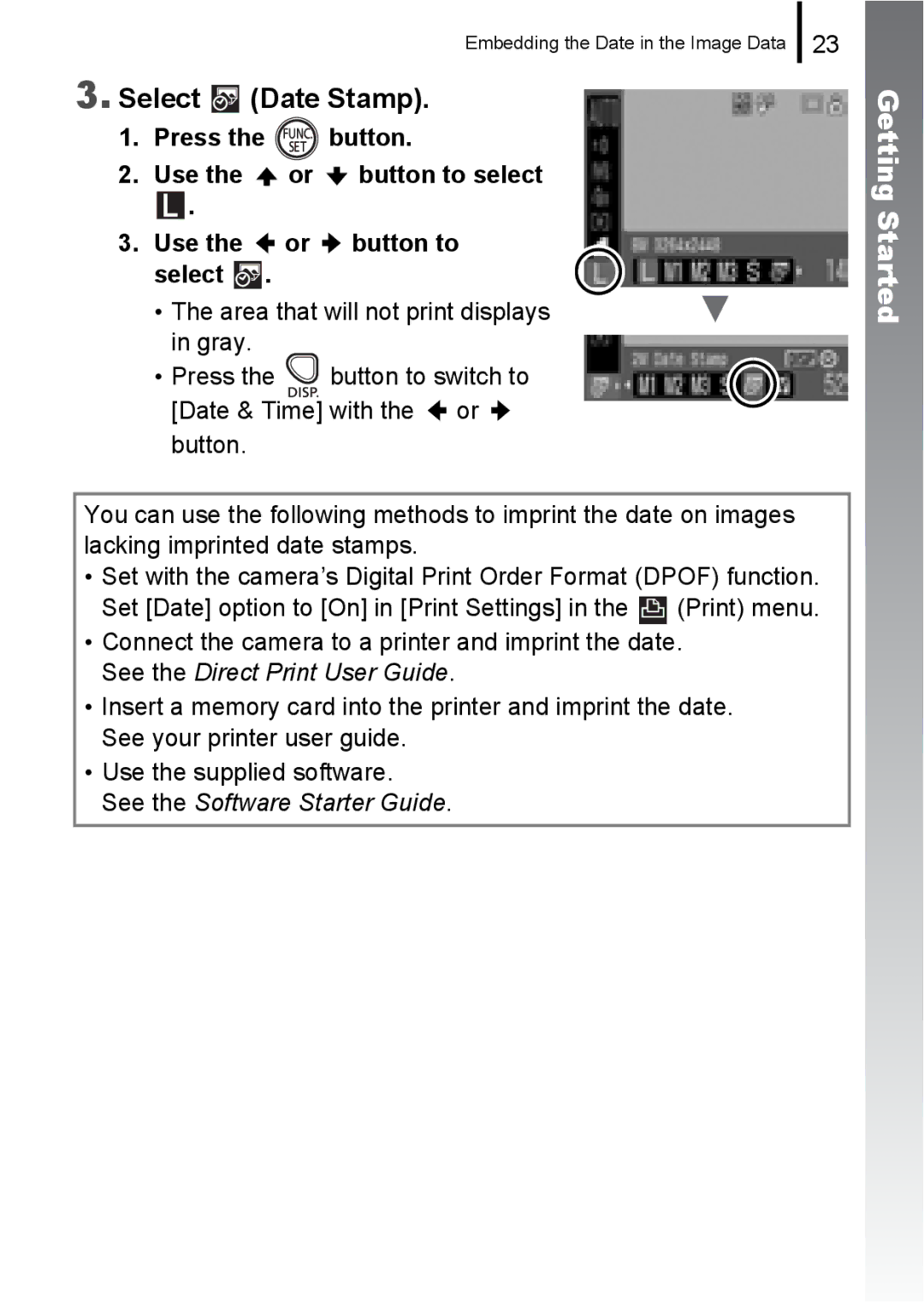 Canon A580 manual Select Date Stamp, Press the button Use the or button to select 