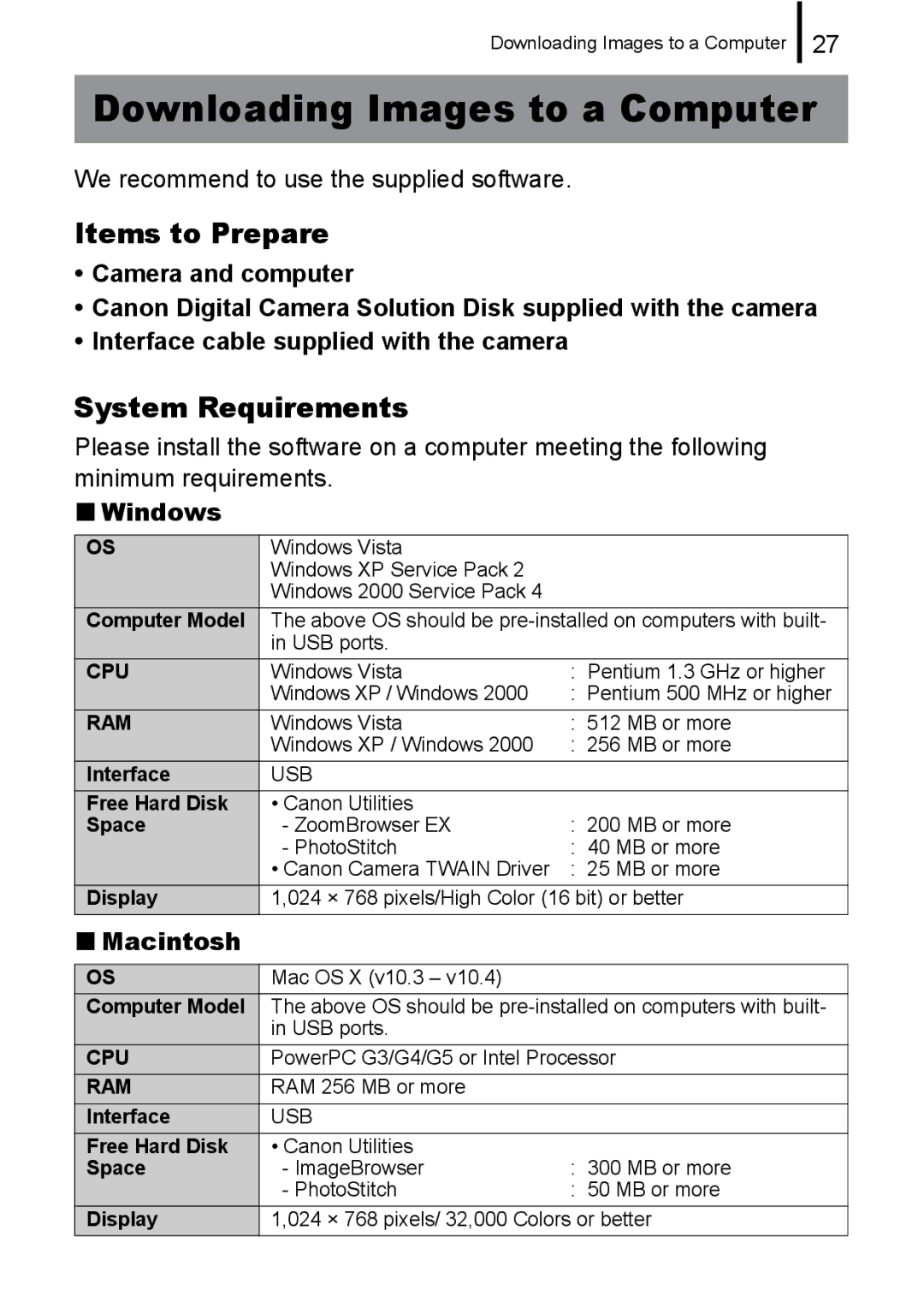 Canon A580 manual Downloading Images to a Computer, Items to Prepare, System Requirements, „ Windows, „Macintosh 