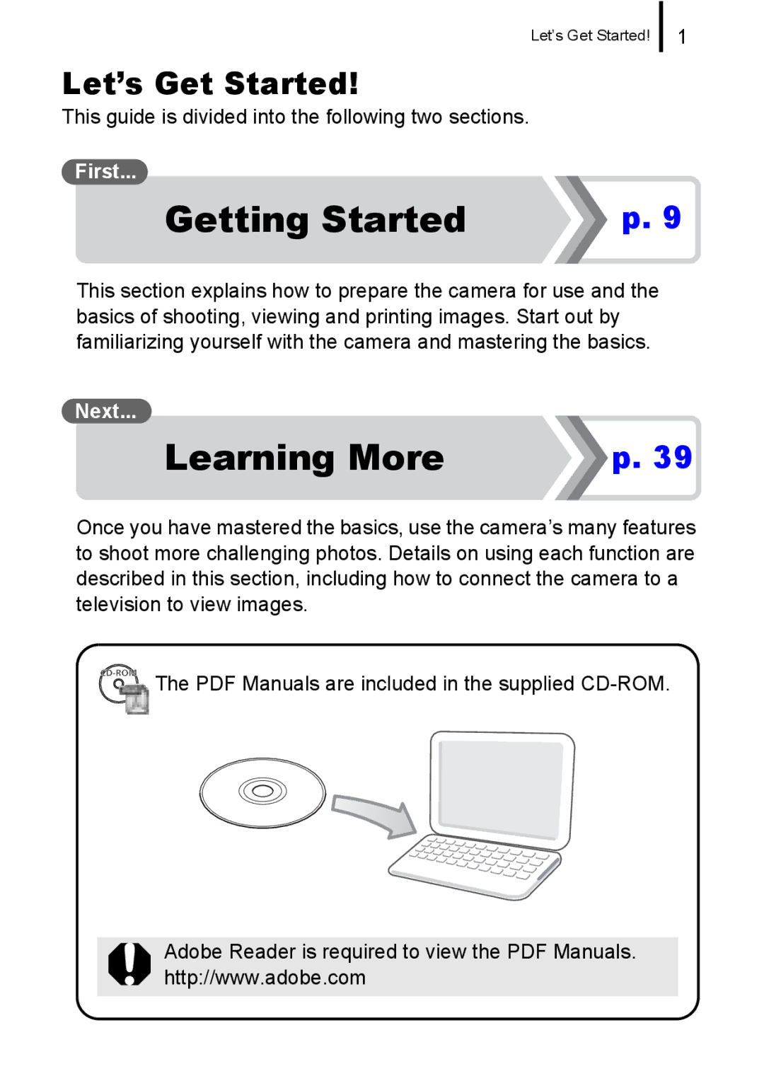 Canon A580 manual Let’s Get Started, This guide is divided into the following two sections 