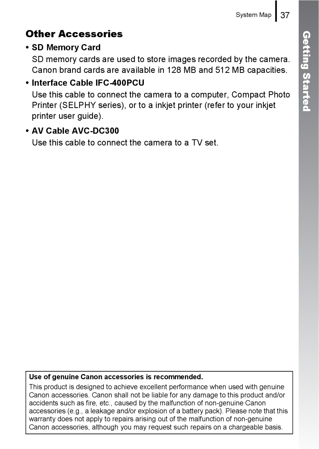 Canon A580 manual Other Accessories, SD Memory Card, Interface Cable IFC-400PCU, AV Cable AVC-DC300 