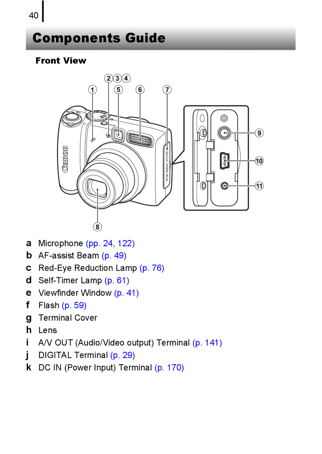 Canon A580 manual Components Guide, „ Front View 