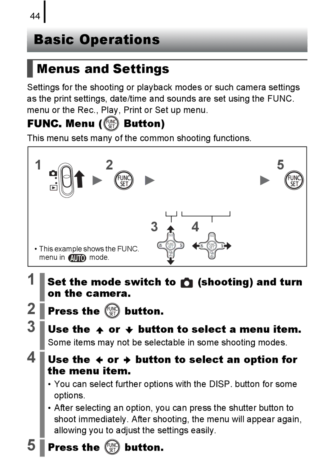 Canon A580 manual Basic Operations, Menus and Settings, FUNC. Menu Button 