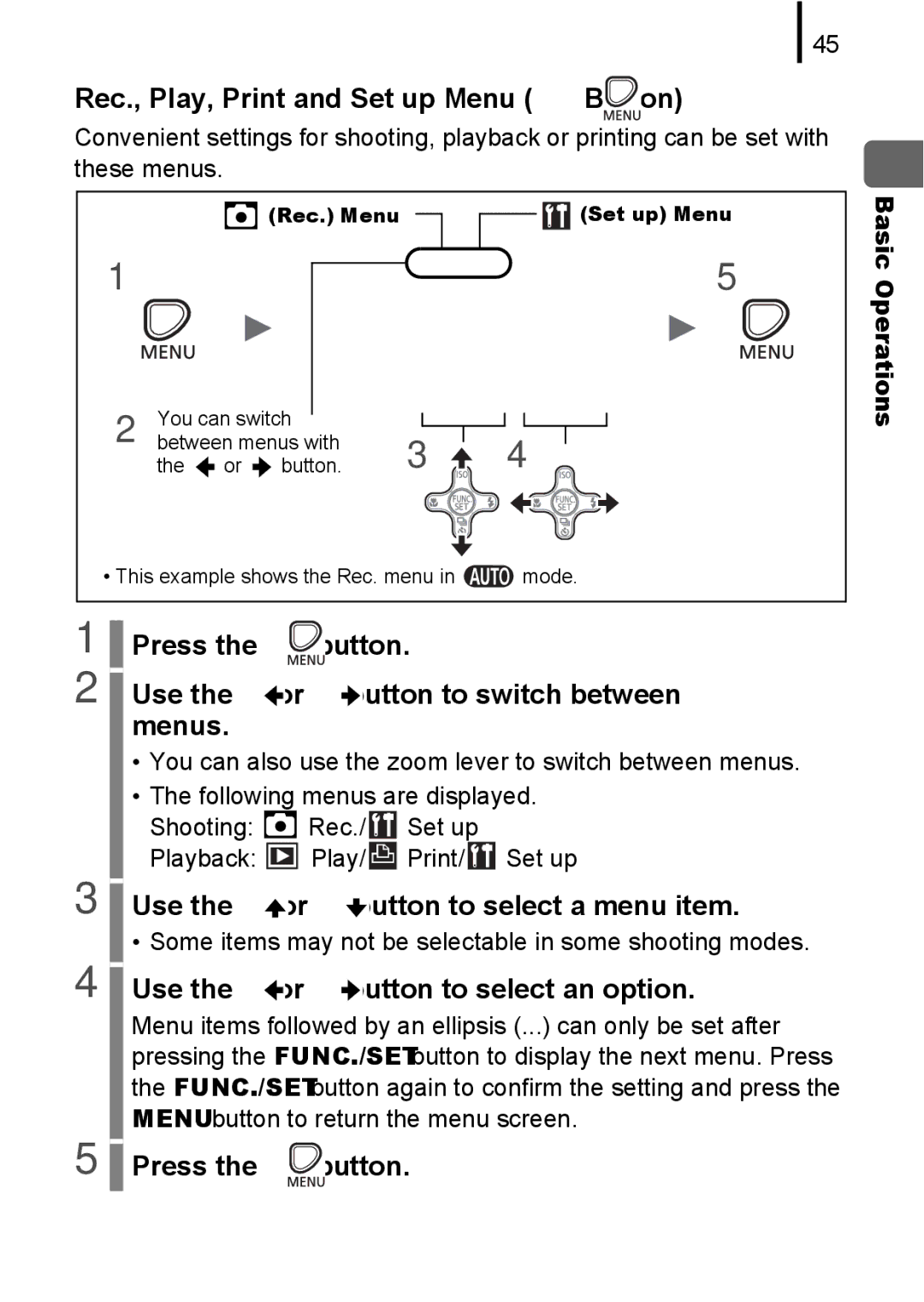 Canon A580 Rec., Play, Print and Set up Menu Button, Press Button Use Button to switch between Menus, Basic Operations 