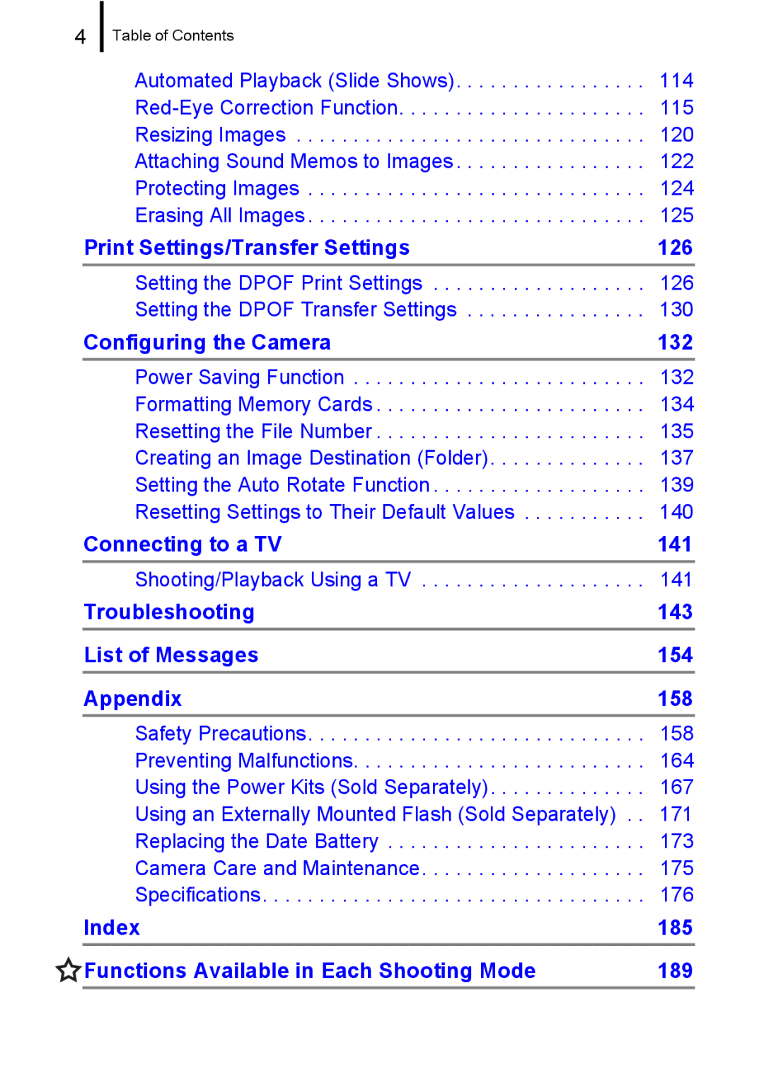 Canon A580 manual Index 185 Functions Available in Each Shooting Mode 189 