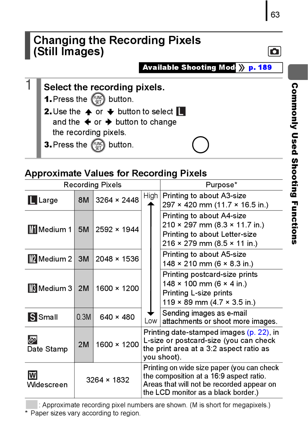 Canon A580 manual Changing the Recording Pixels Still Images, Select the recording pixels 