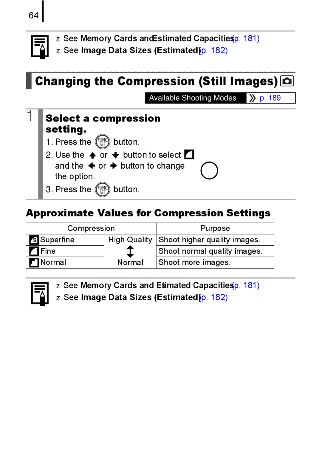 Canon A580 manual Select a compression setting, Approximate Values for Compression Settings 