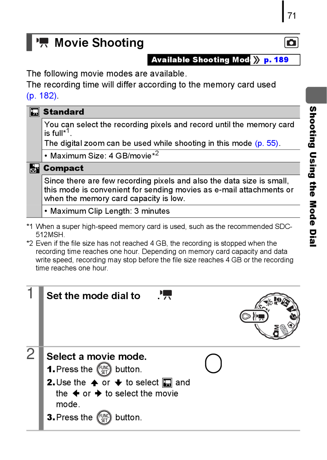 Canon A580 manual Movie Shooting, Set the mode dial to Select a movie mode 