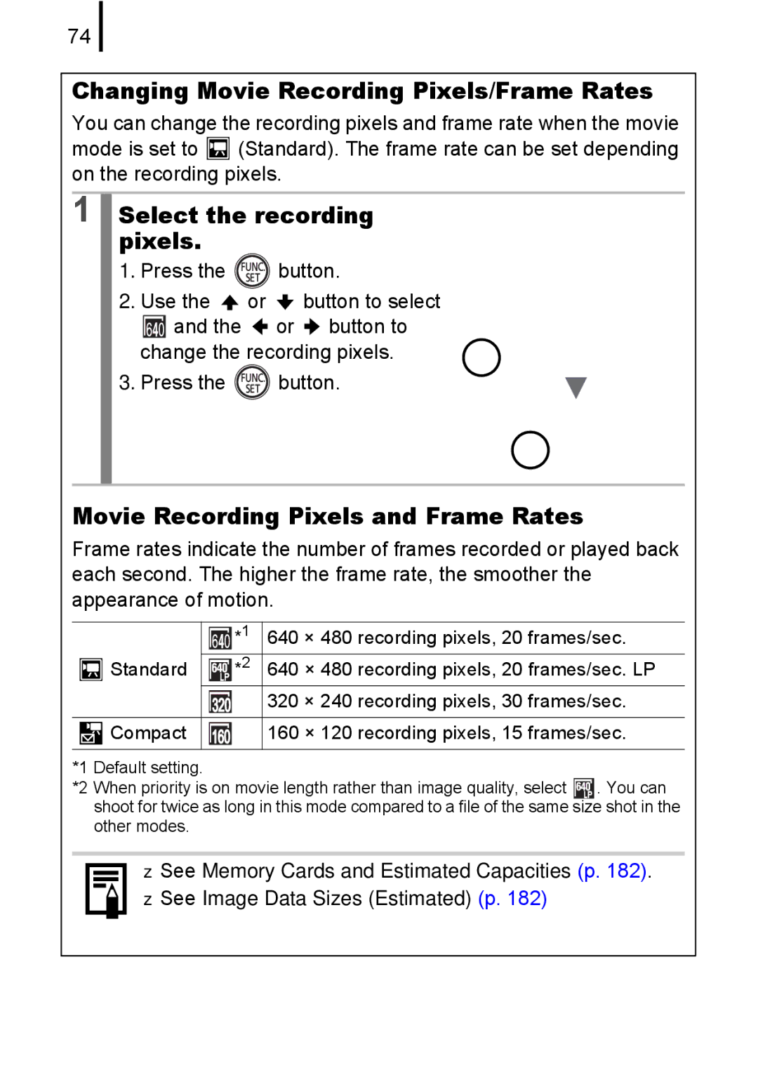 Canon A580 manual Changing Movie Recording Pixels/Frame Rates, Movie Recording Pixels and Frame Rates 