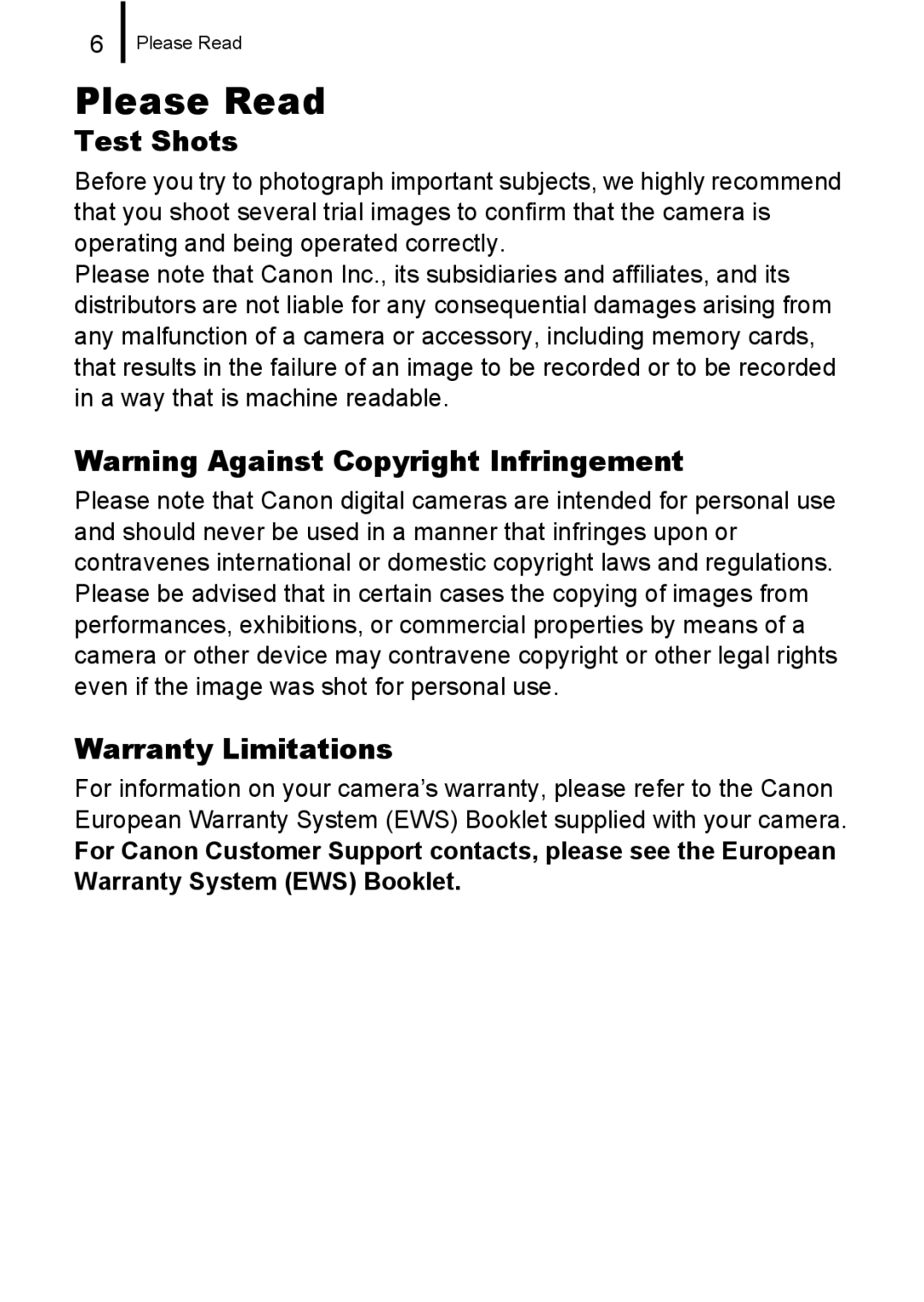 Canon A580 manual Please Read, Test Shots, Warranty Limitations 