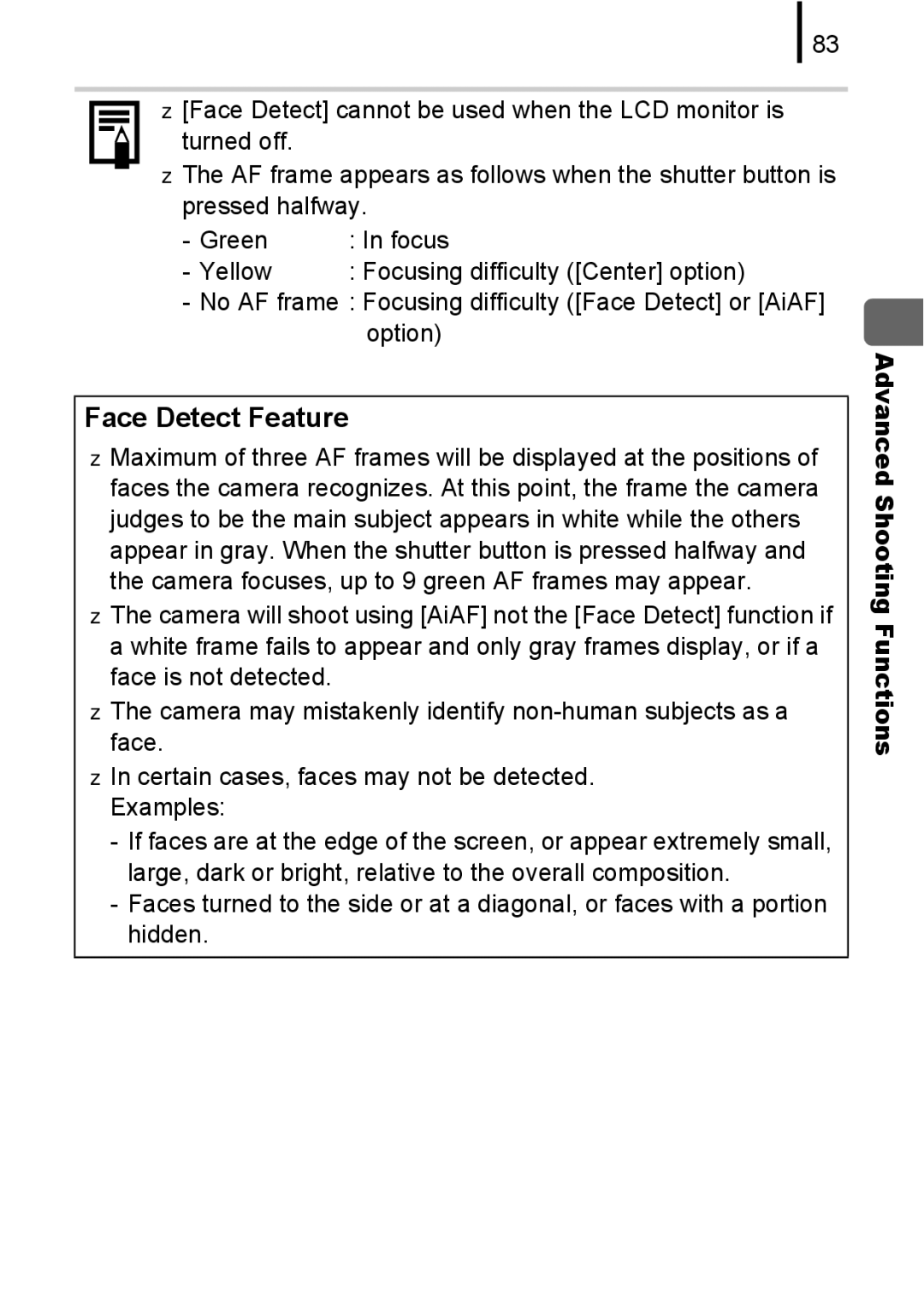 Canon A580 manual Face Detect Feature, No AF frame Focusing difficulty Face Detect or AiAF option 