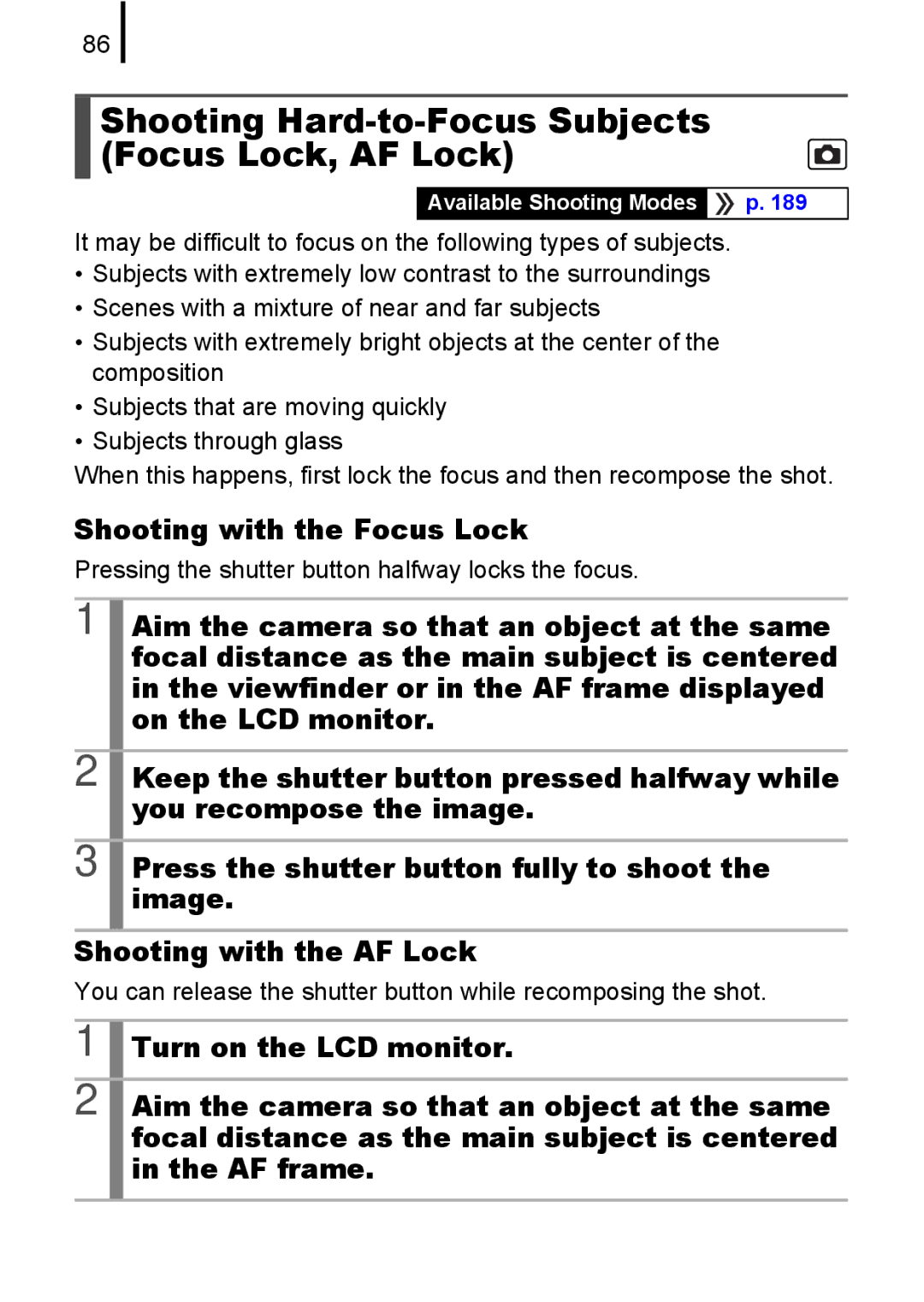 Canon A580 manual Shooting Hard-to-Focus Subjects Focus Lock, AF Lock 