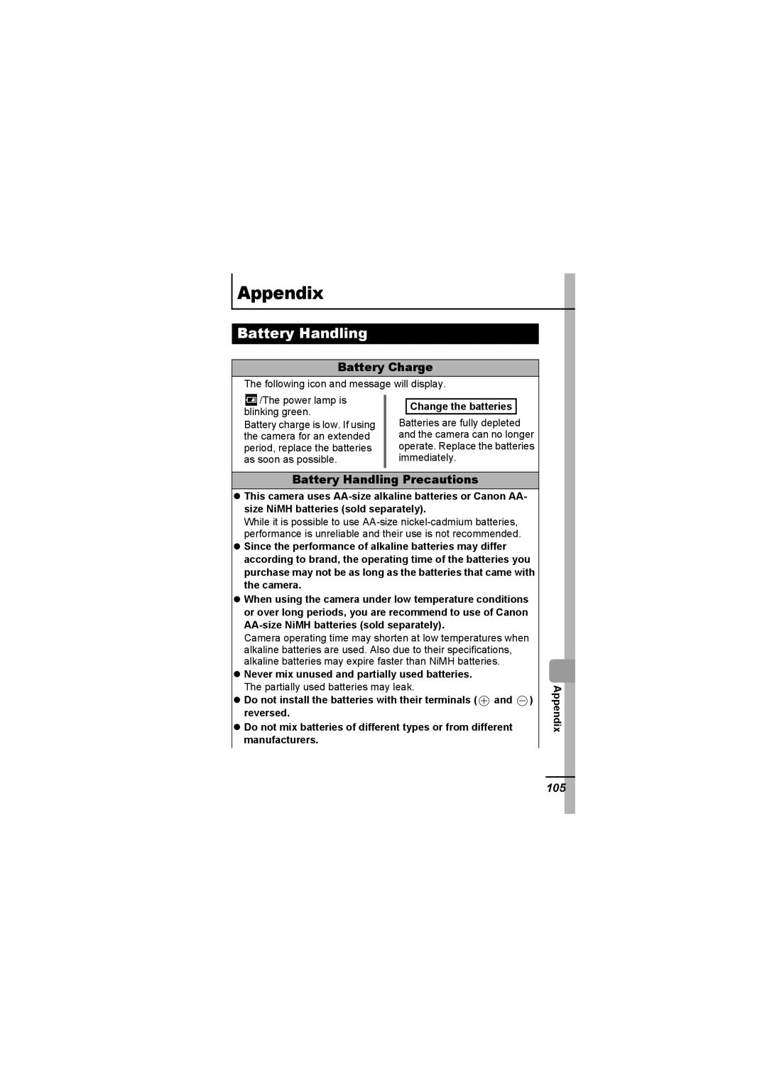 Canon A620 appendix Battery Charge, Battery Handling Precautions, 105 