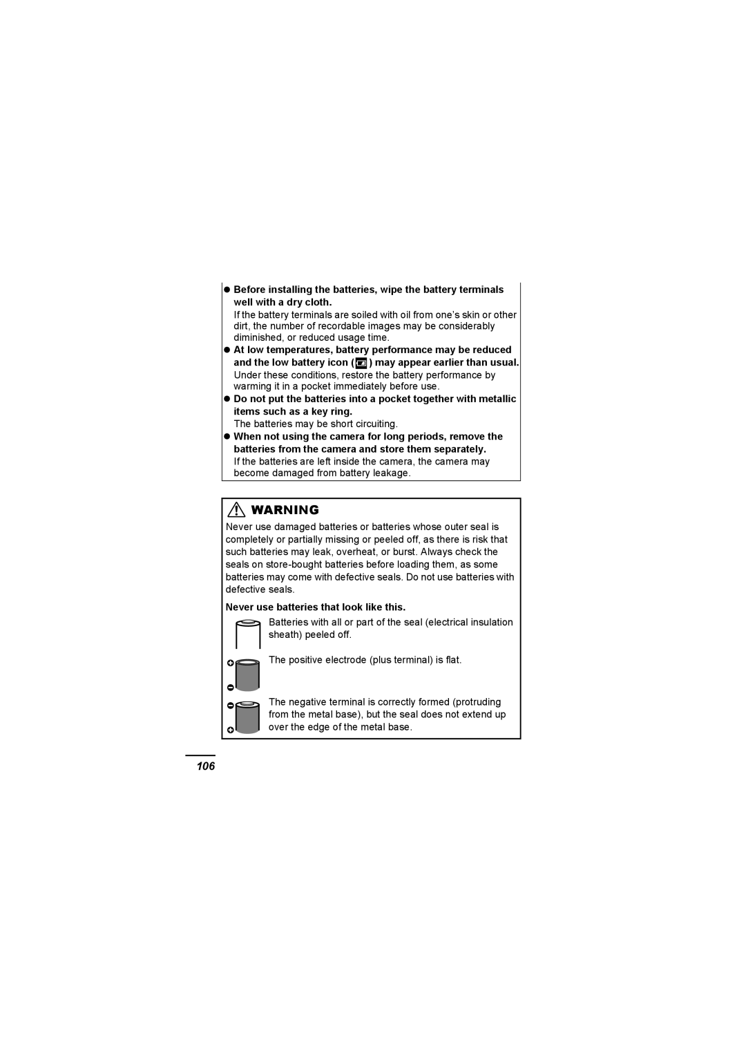 Canon A620 appendix 106, Batteries may be short circuiting, Never use batteries that look like this 