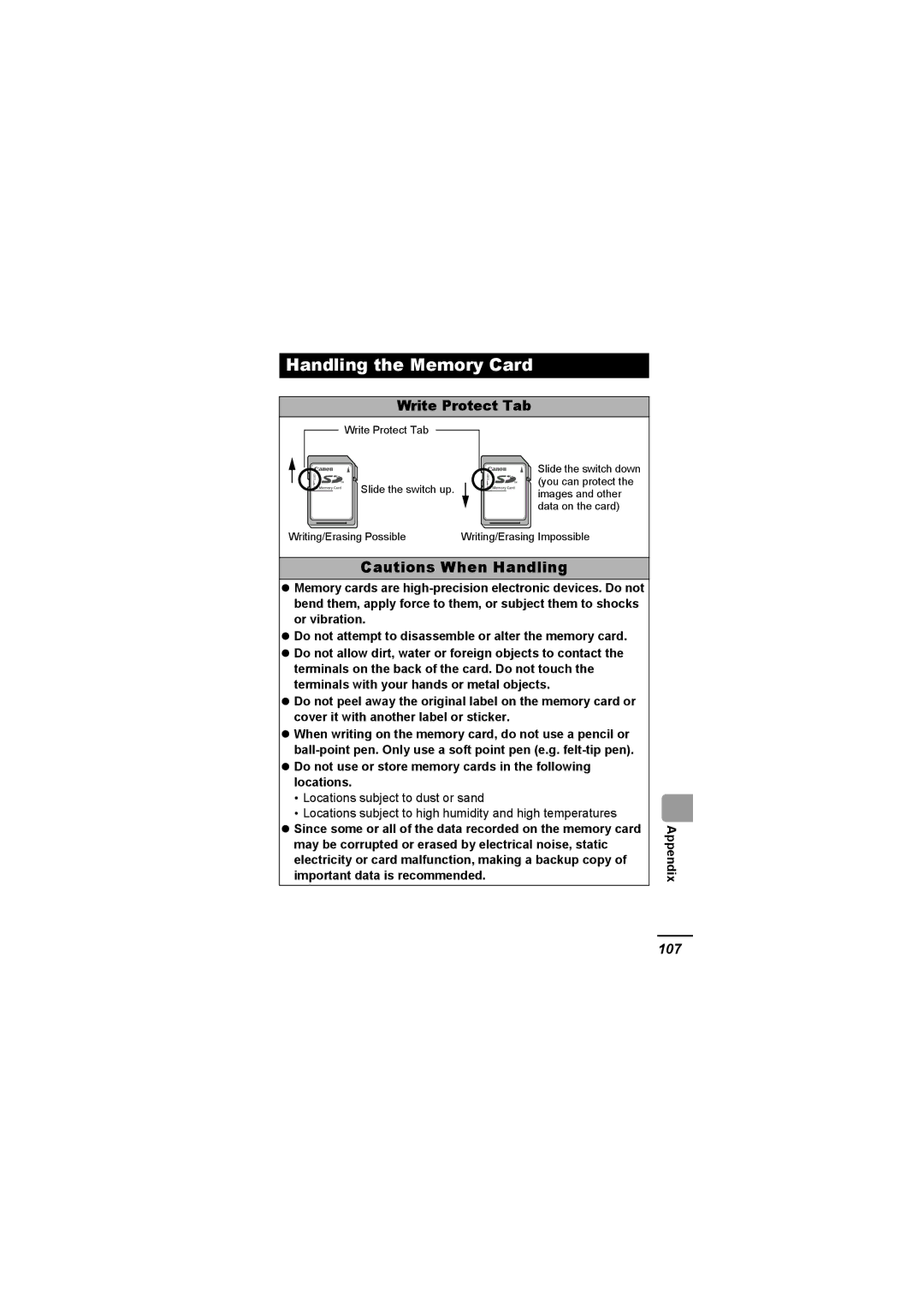 Canon A620 Handling the Memory Card, Write Protect Tab, 107, Do not use or store memory cards in the following locations 