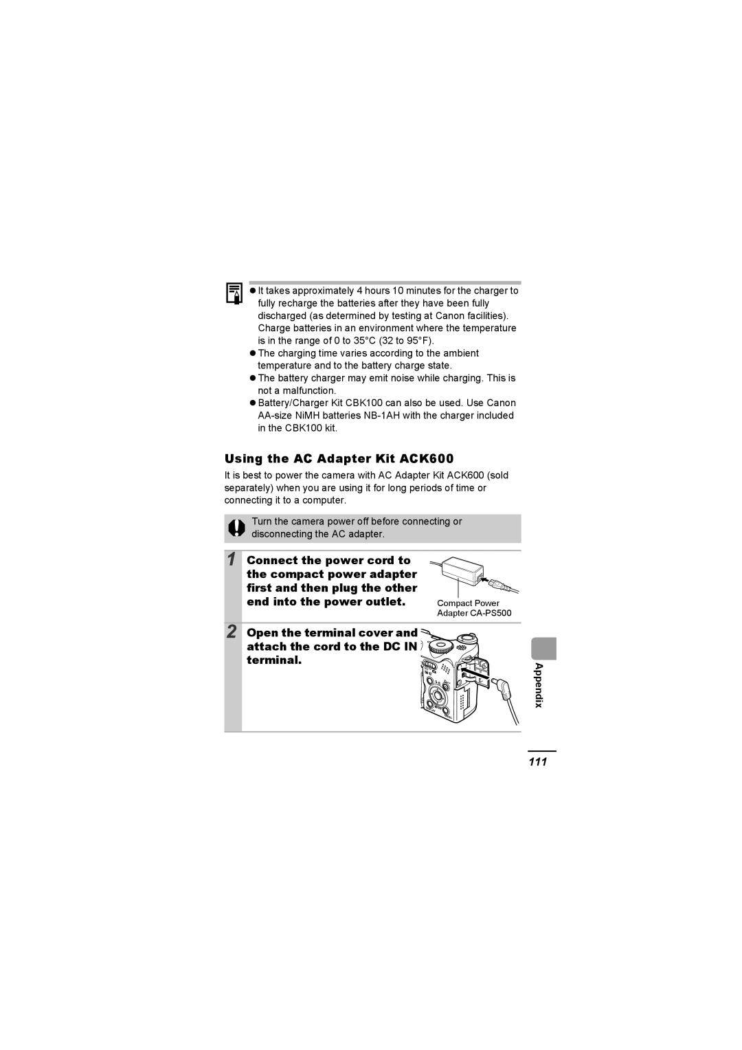 Canon A620 appendix Using the AC Adapter Kit ACK600, 111 