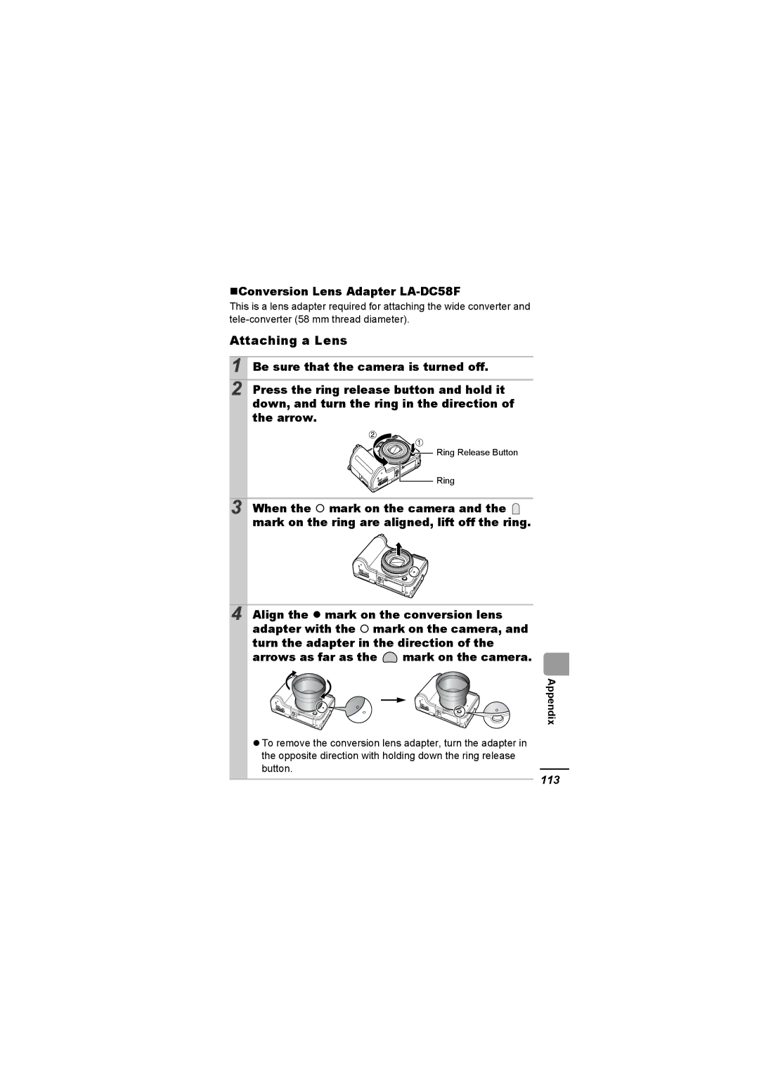 Canon A620 appendix Attaching a Lens, 113 