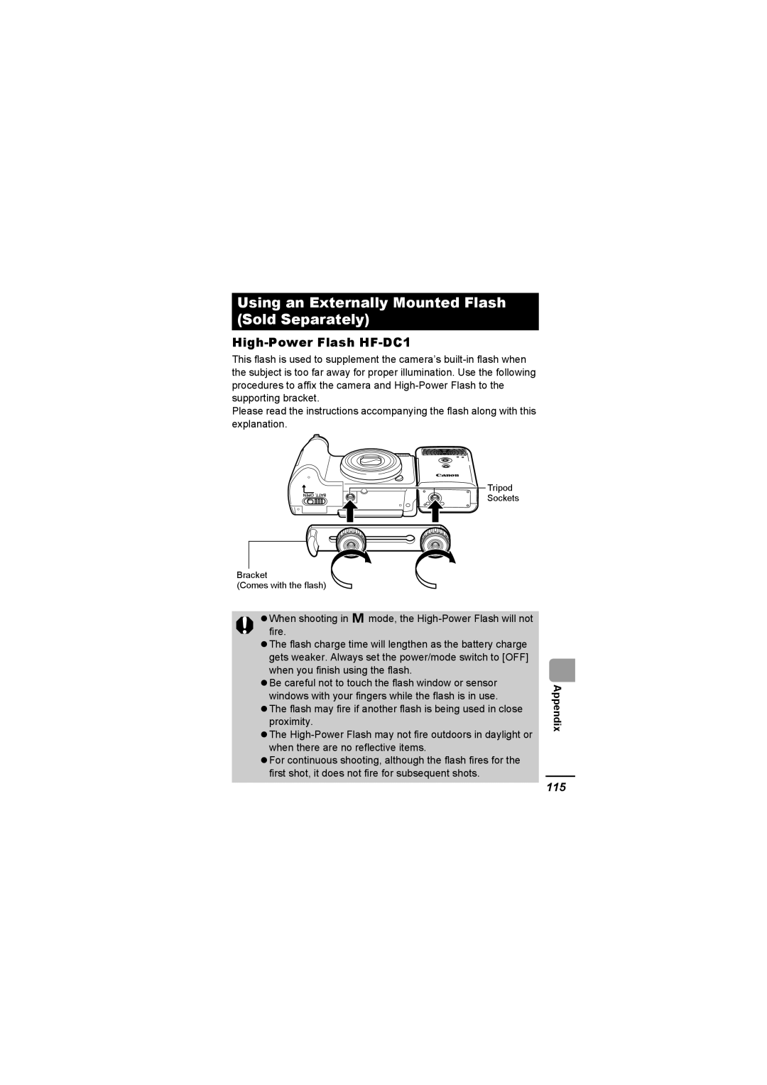 Canon A620 appendix Using an Externally Mounted Flash Sold Separately, High-Power Flash HF-DC1, 115 