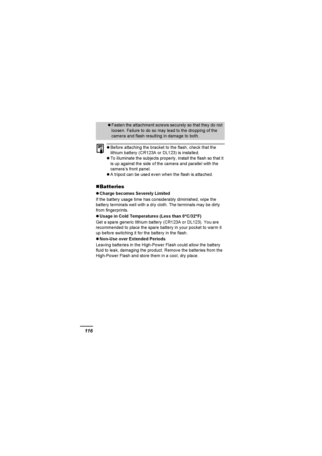 Canon A620 appendix „Batteries, 116, Charge becomes Severely Limited, Usage in Cold Temperatures Less than 0C/32F 