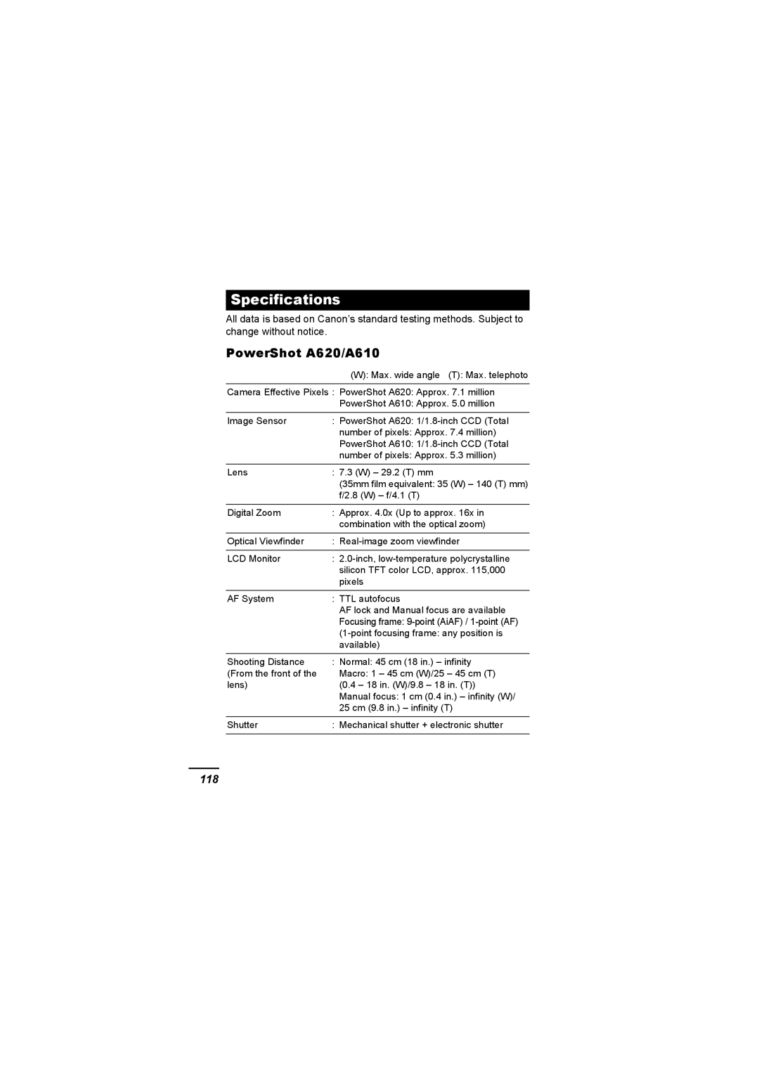 Canon appendix Specifications, PowerShot A620/A610, 118 