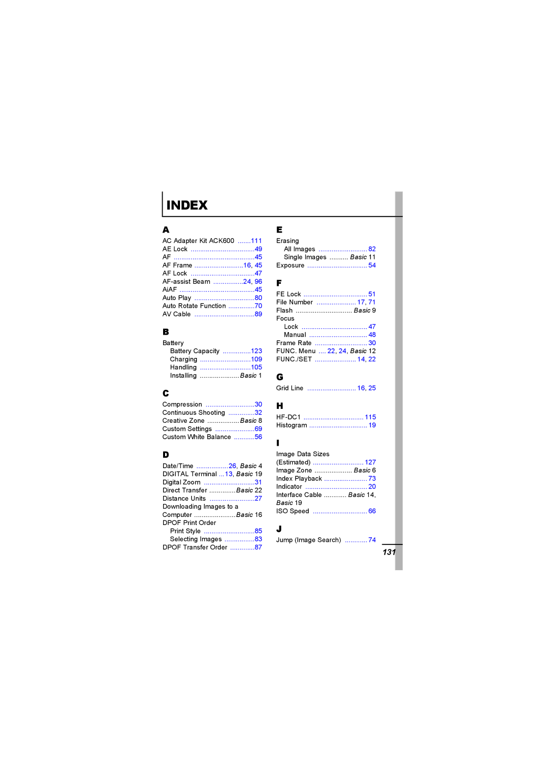 Canon A620 appendix Index, 131 