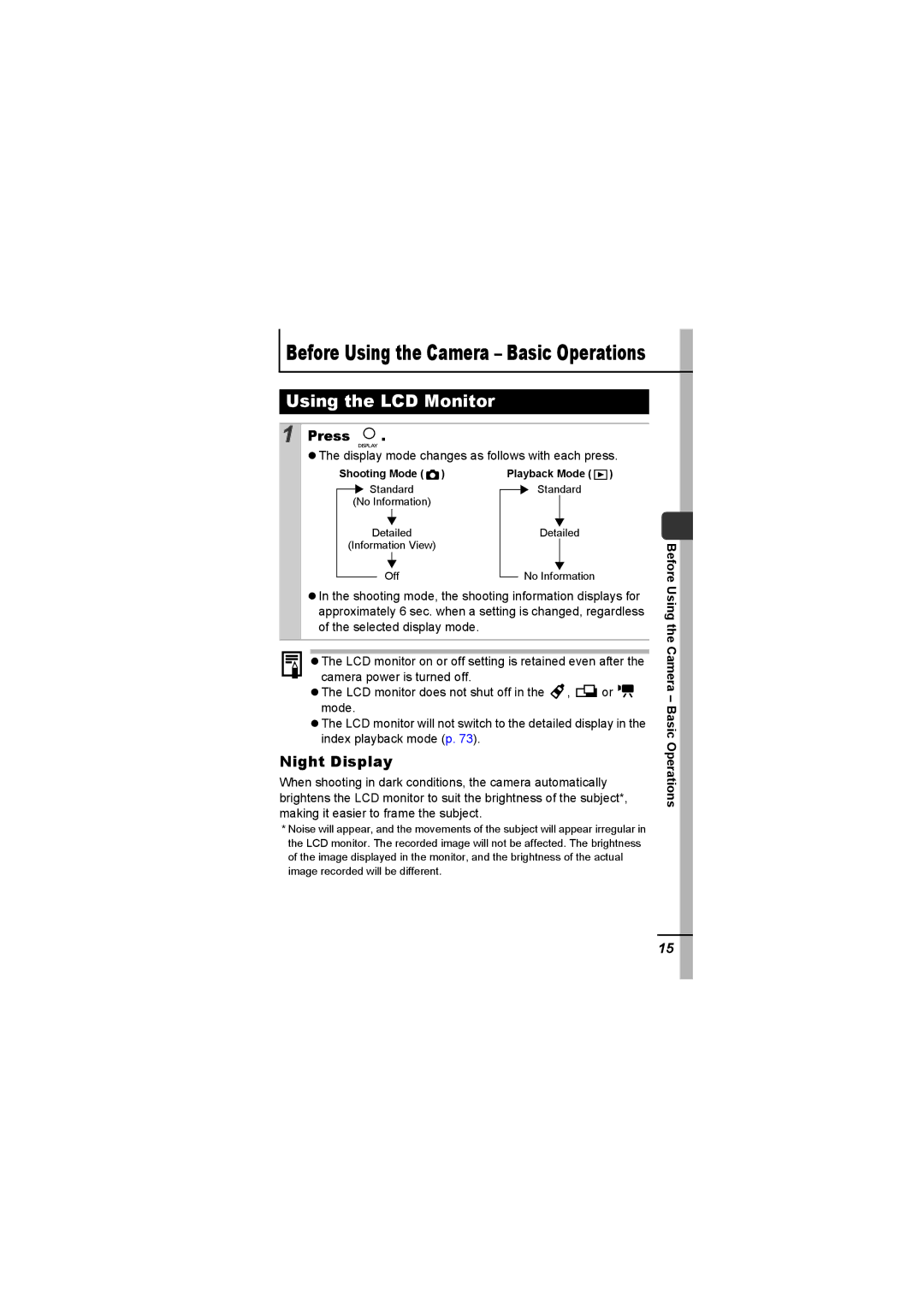 Canon A620 appendix Using the LCD Monitor, Night Display, Press, Display mode changes as follows with each press 