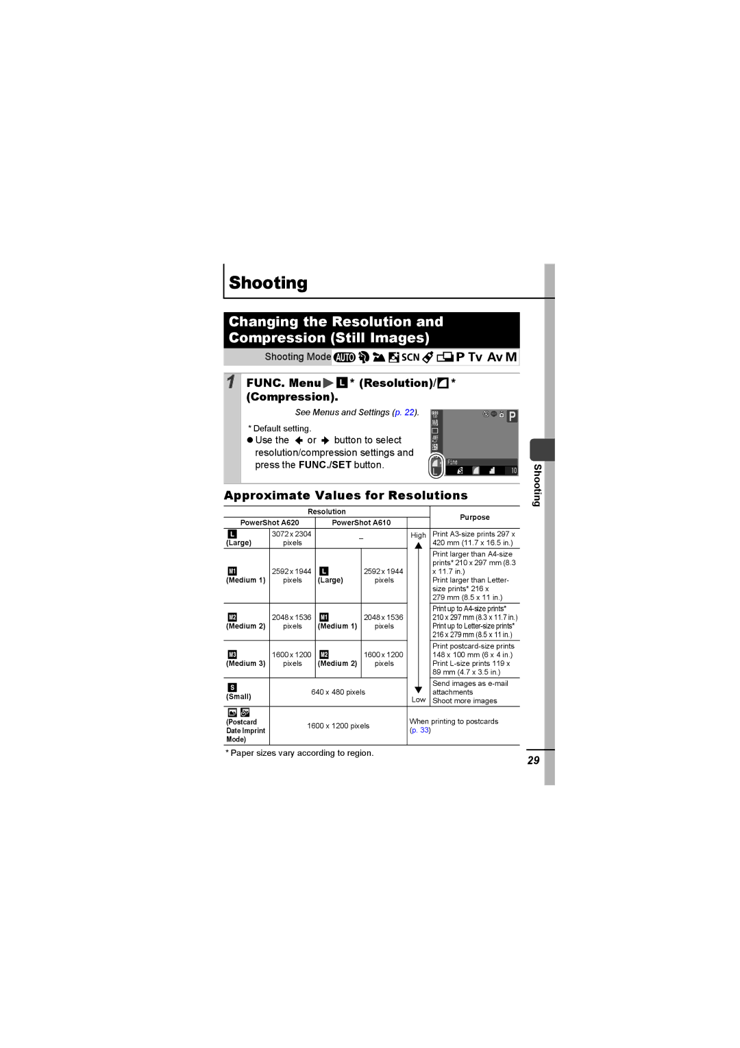 Canon A620 appendix Changing the Resolution Compression Still Images, Approximate Values for Resolutions 