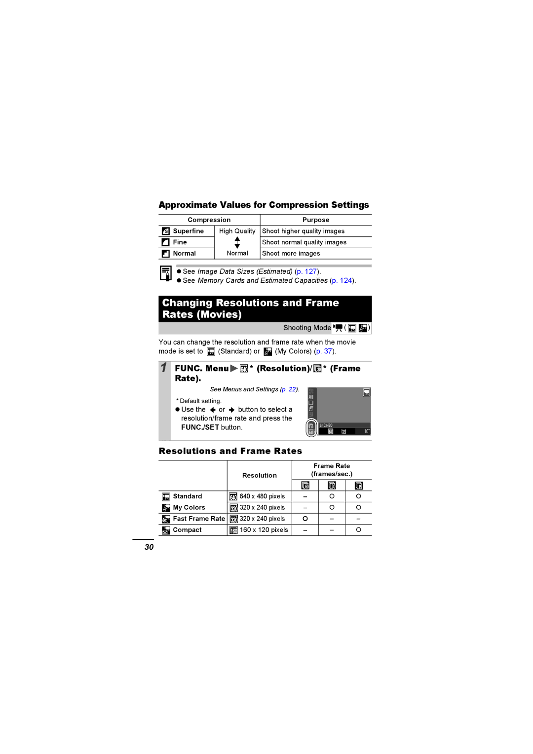 Canon A620 appendix Changing Resolutions and Frame Rates Movies, Approximate Values for Compression Settings 