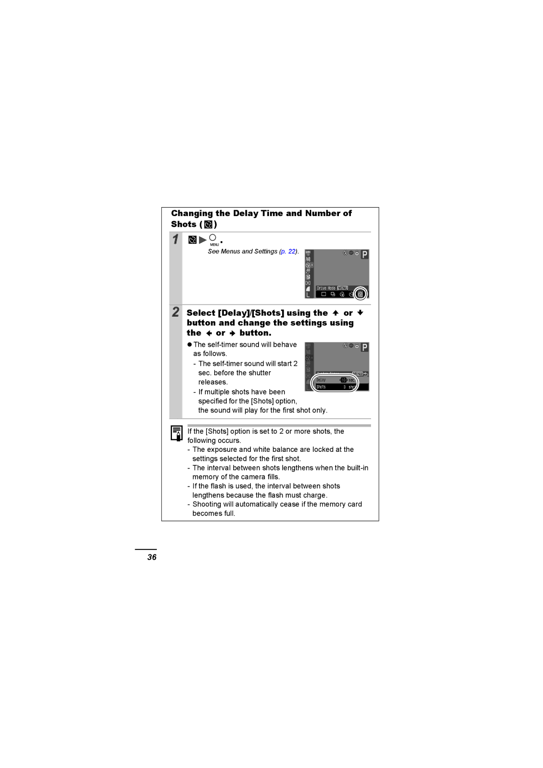 Canon A620 appendix Changing the Delay Time and Number Shots 