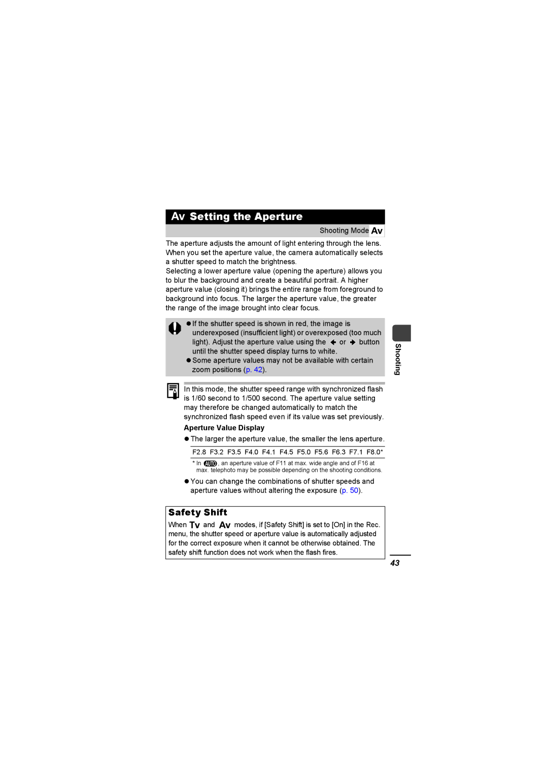 Canon A620 appendix Setting the Aperture, Safety Shift, Aperture Value Display 