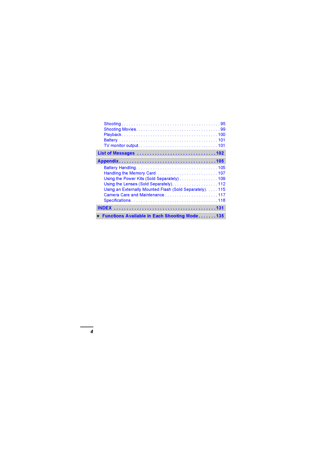 Canon A620 appendix Index  Functions Available in Each Shooting Mode 