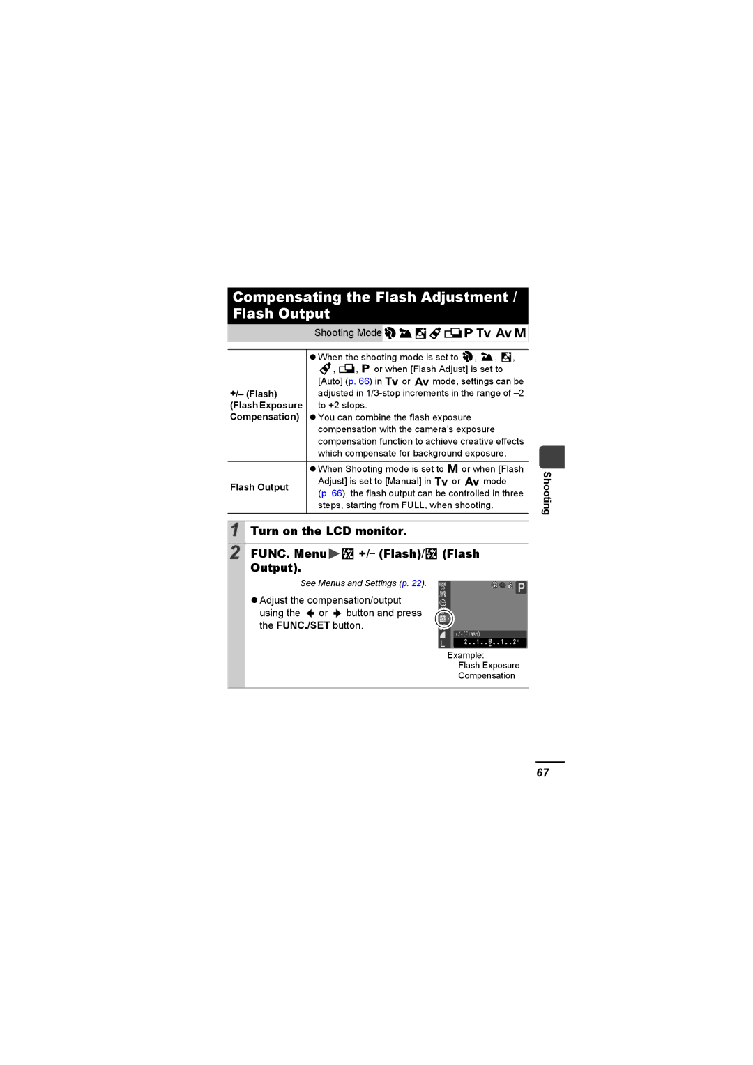 Canon A620 appendix Compensating the Flash Adjustment / Flash Output, FUNC. Menu +/- Flash Output, Flash Exposure 