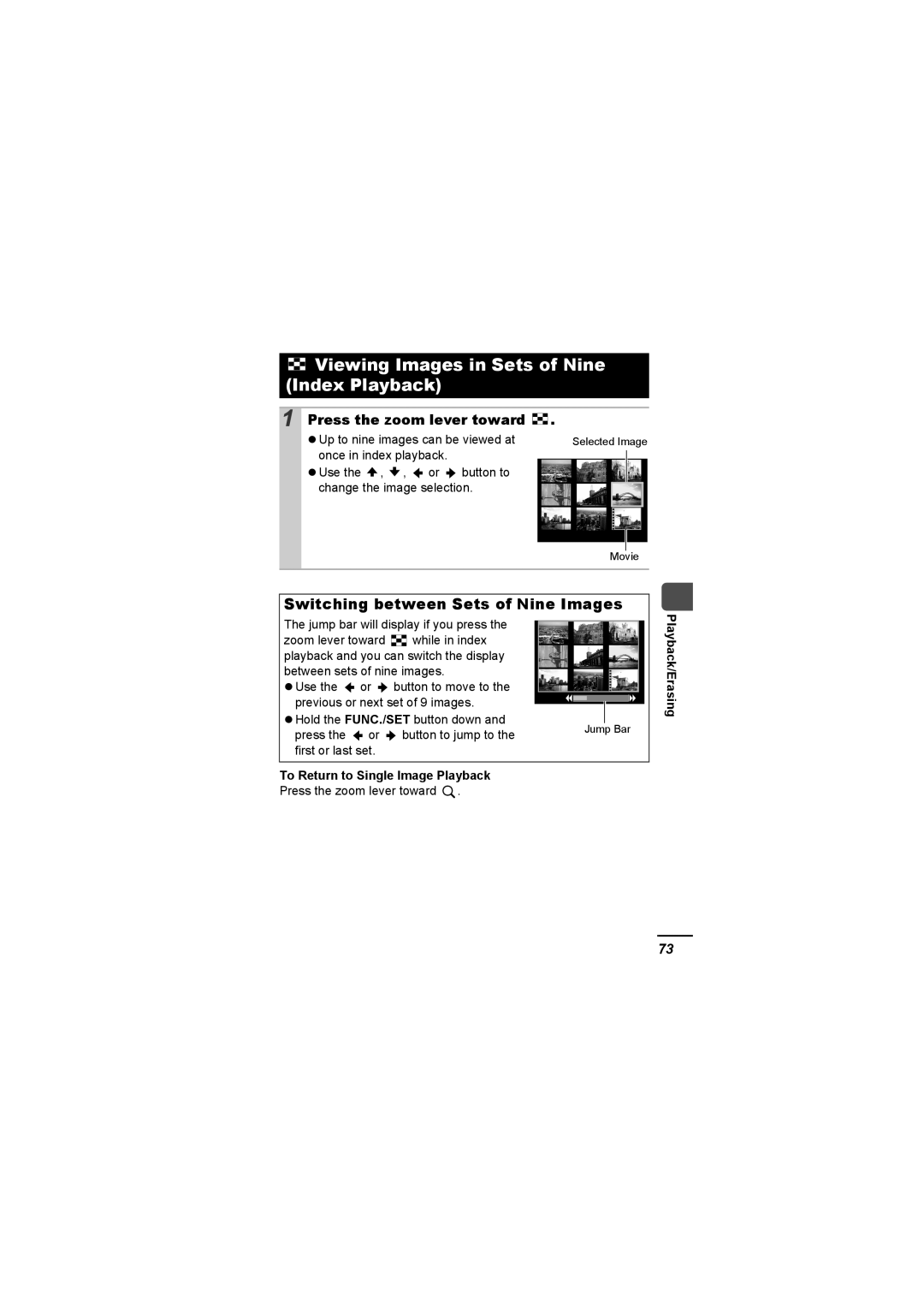 Canon A620 appendix Viewing Images in Sets of Nine Index Playback, Switching between Sets of Nine Images, Playback/Erasing 