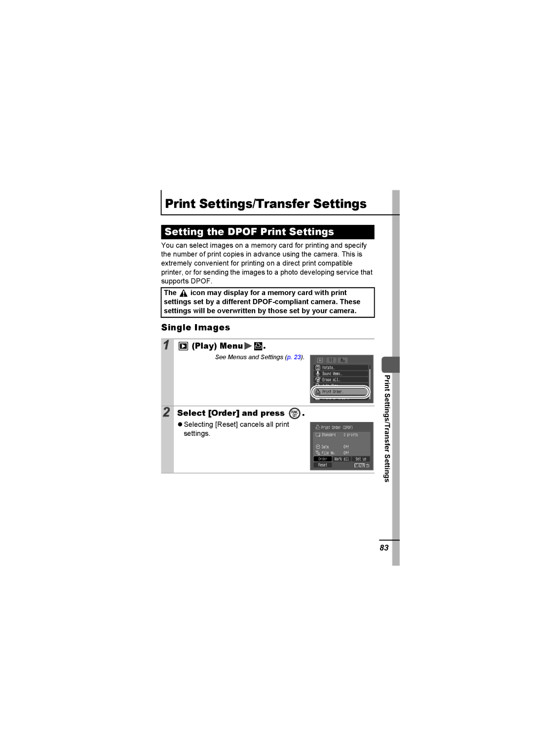 Canon A620 Setting the Dpof Print Settings, Single Images, Select Order and press, Print Settings/Transfer Settings 