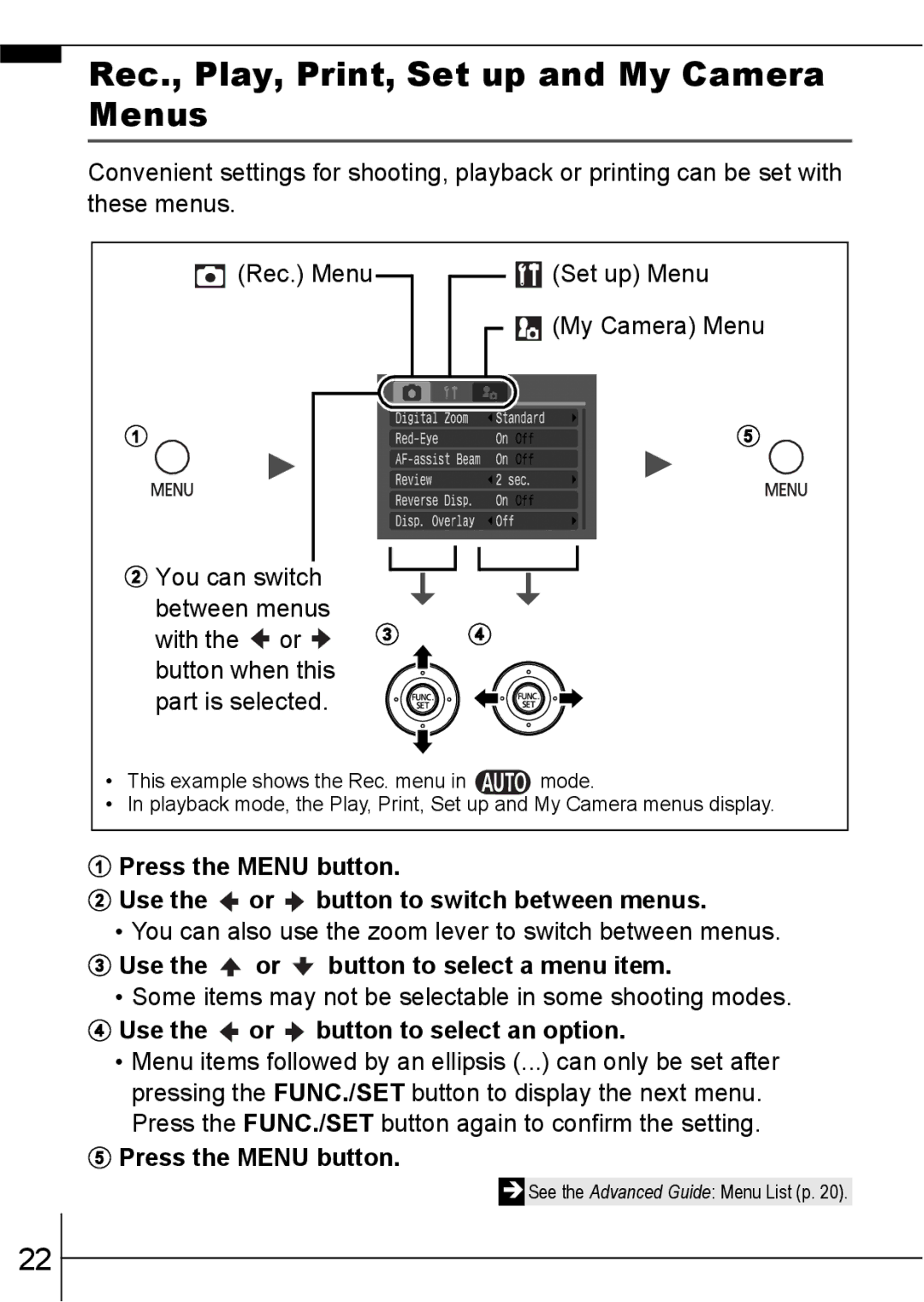 Canon A640 manual Rec., Play, Print, Set up and My Camera Menus 