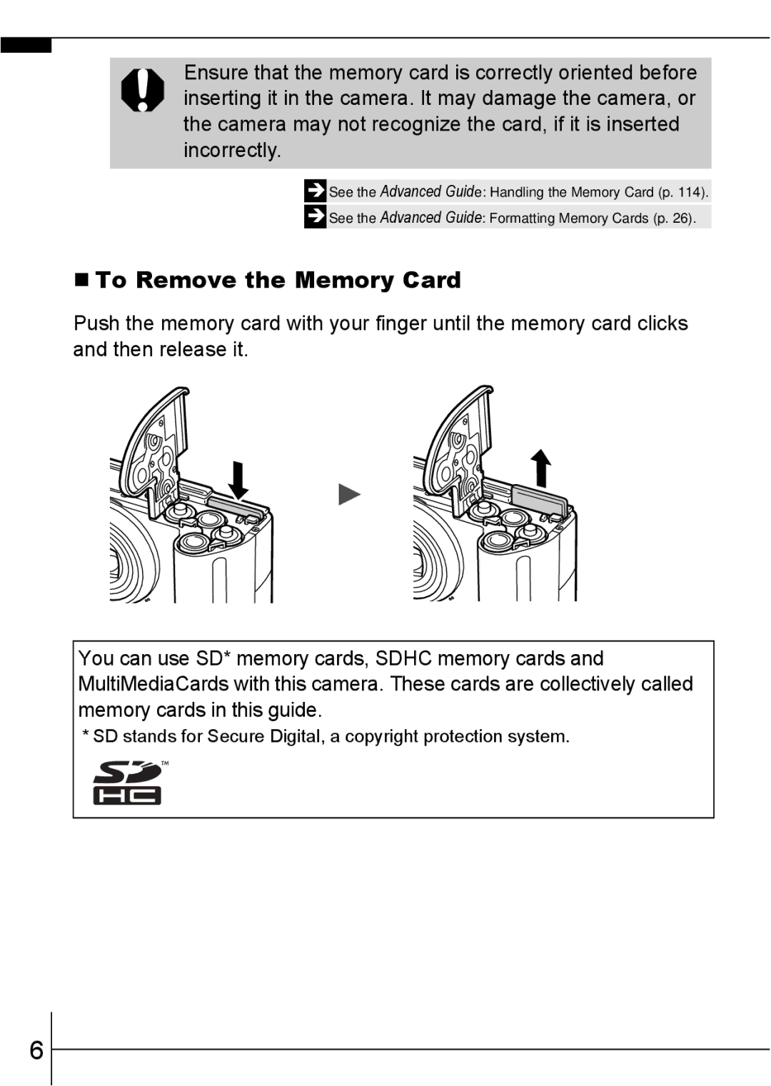 Canon A640 manual „ To Remove the Memory Card 