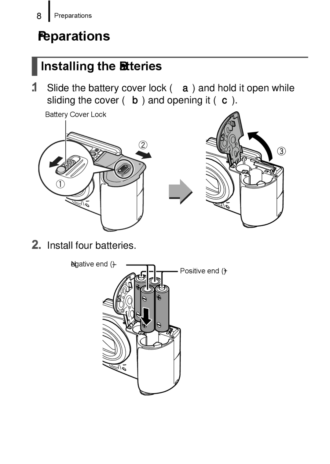 Canon A650 IS appendix Preparations, Installing the Batteries, Install four batteries 