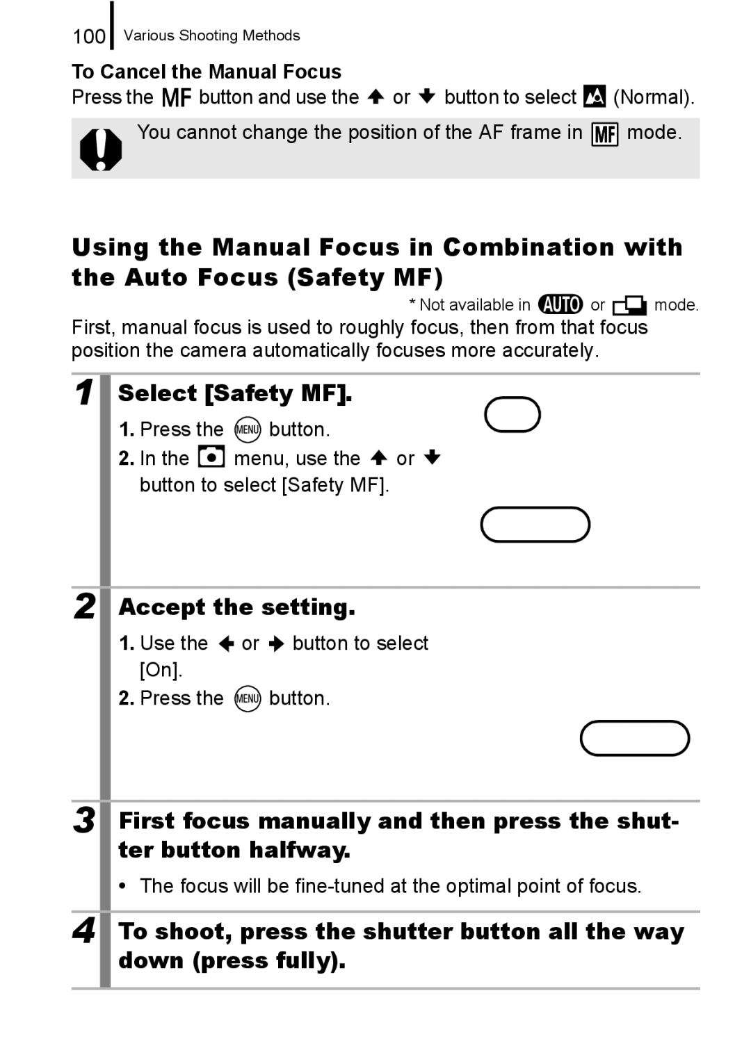 Canon A650 IS appendix Select Safety MF, To Cancel the Manual Focus, Use the or button to select On Press the button 