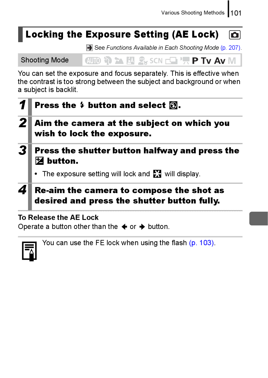 Canon A650 IS appendix Locking the Exposure Setting AE Lock, 101, Exposure setting will lock and will display 