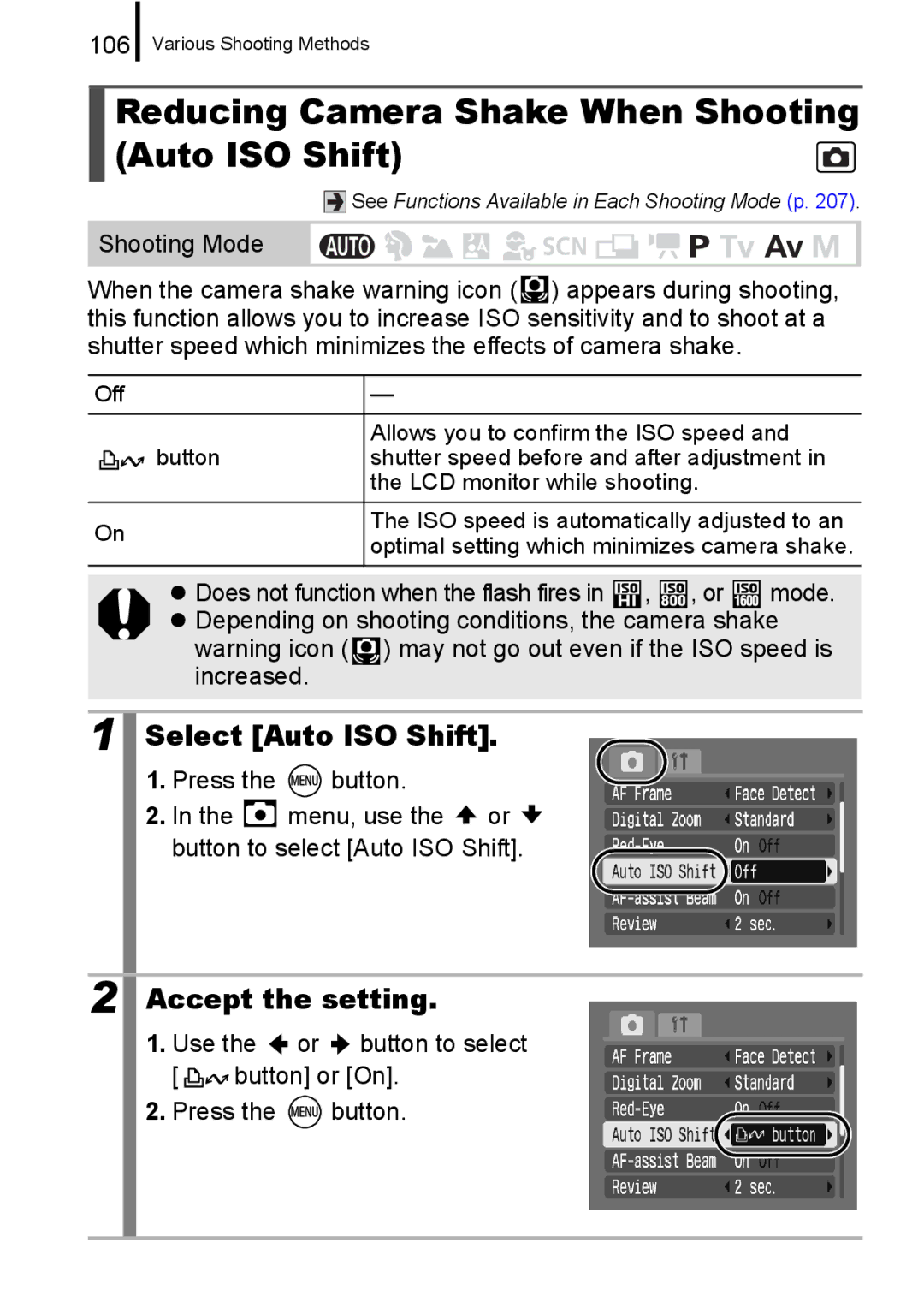 Canon A650 IS appendix Reducing Camera Shake When Shooting Auto ISO Shift, Select Auto ISO Shift, 106 