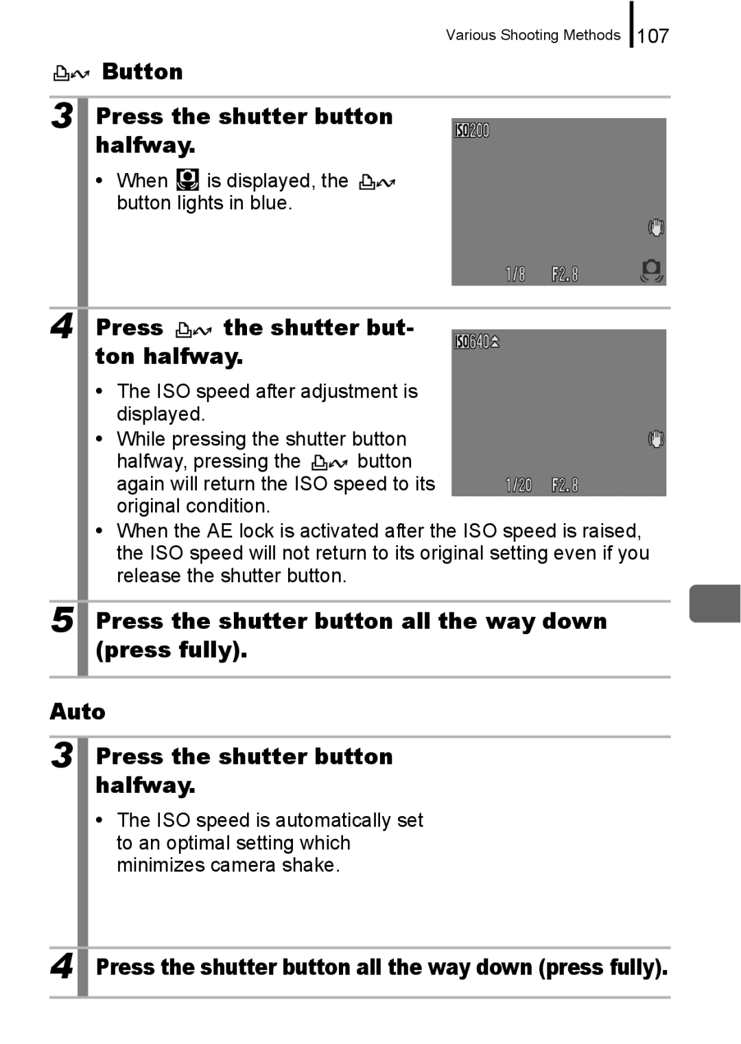 Canon A650 IS appendix Button Press the shutter button halfway, Press Shutter but Ton halfway, 107 