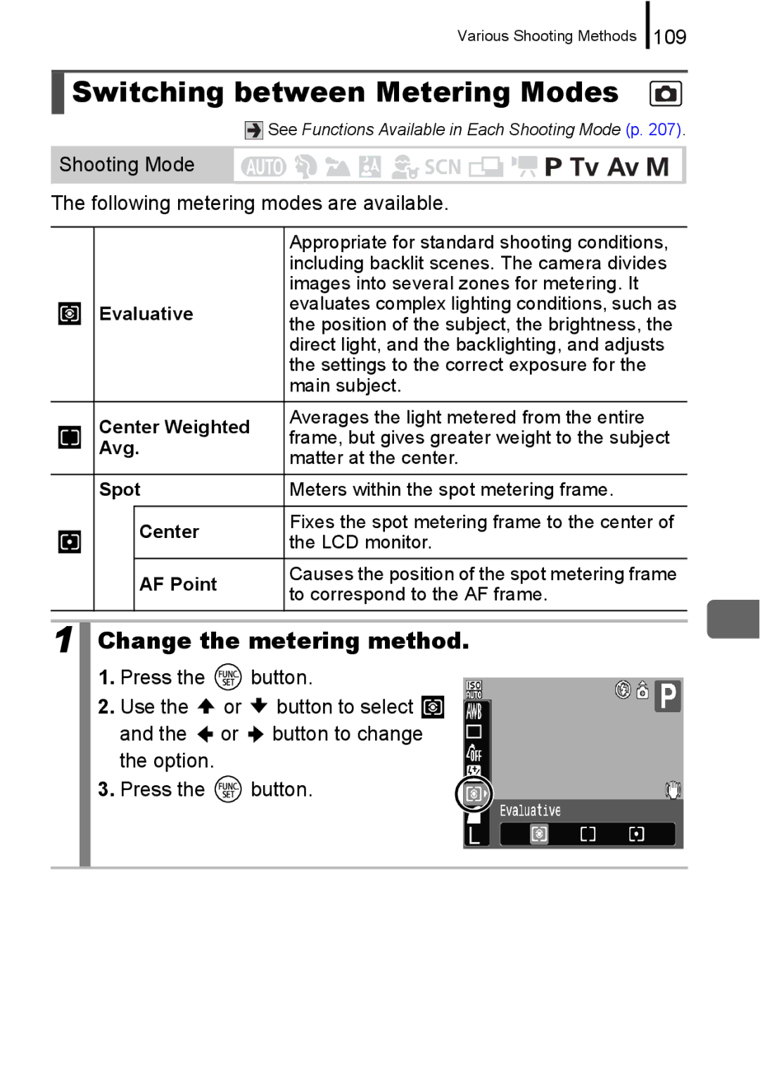 Canon A650 IS appendix Switching between Metering Modes, Change the metering method, 109 