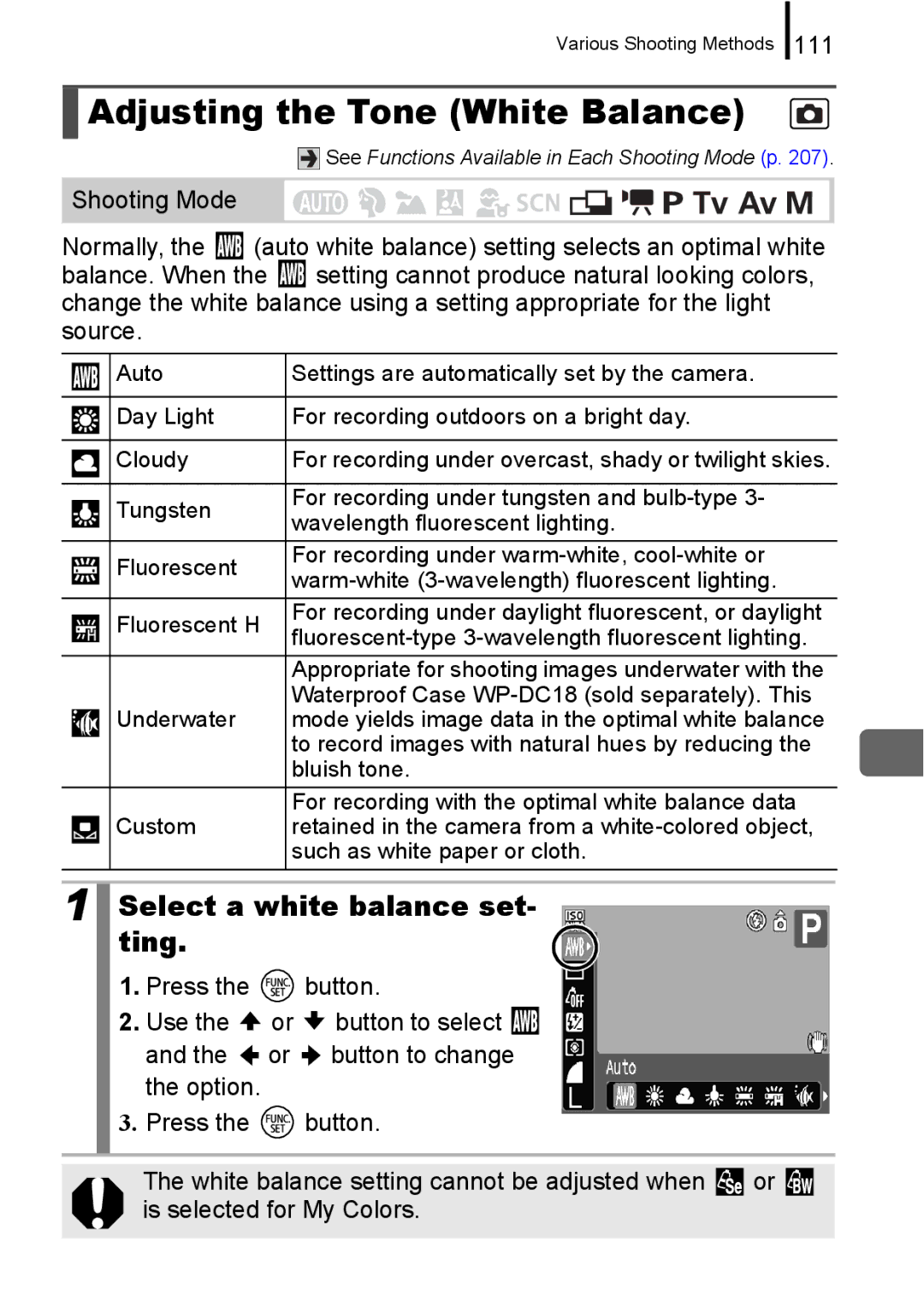 Canon A650 IS appendix Adjusting the Tone White Balance, Select a white balance set- ting, 111 